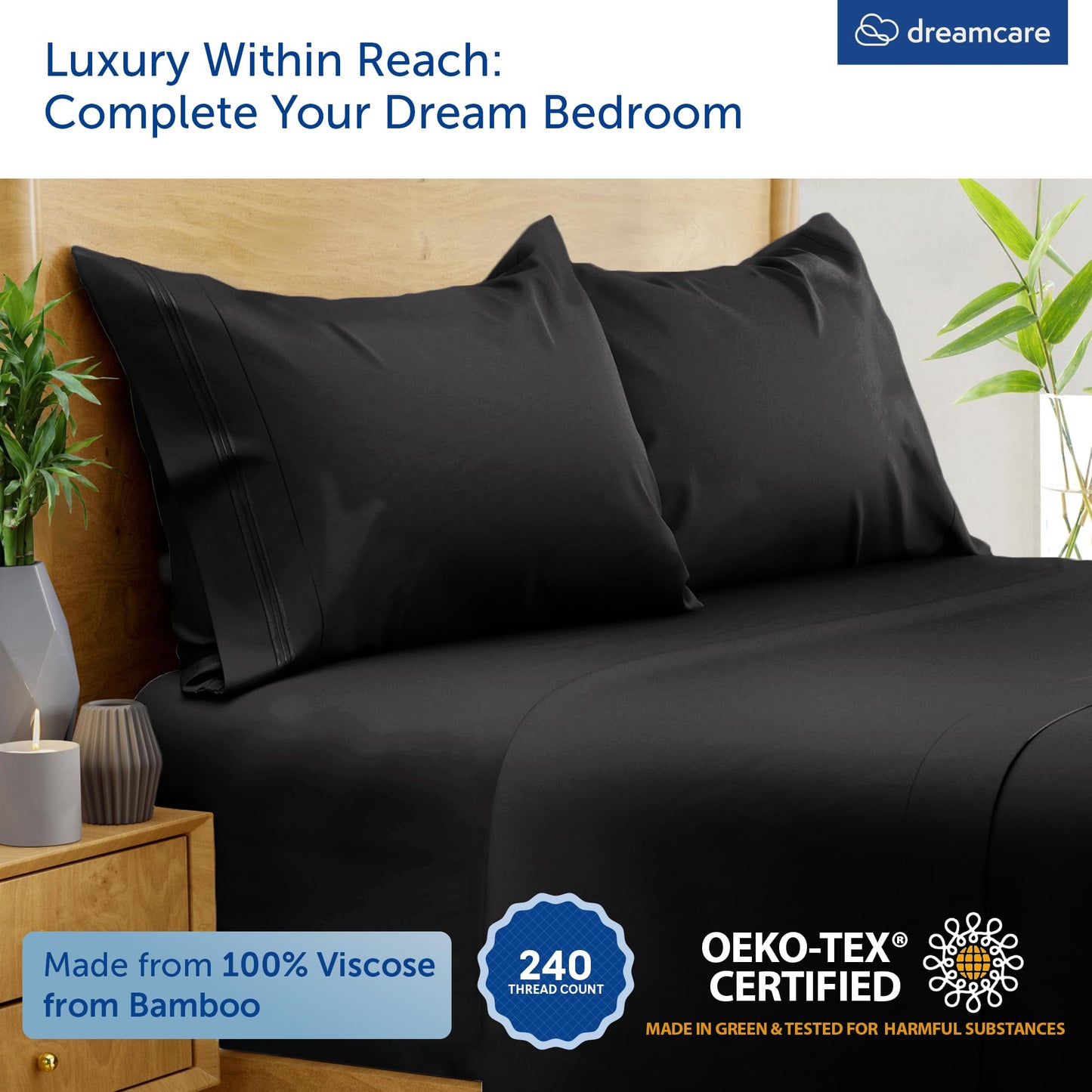 DREAMCARE 100% Viscose from Bamboo Sheets King Size - 4 Pc Luxury Cooling Sheets for Hot Sleepers, King Size Bed Sheets Set, Viscose from Bamboo Sheets Set, Black