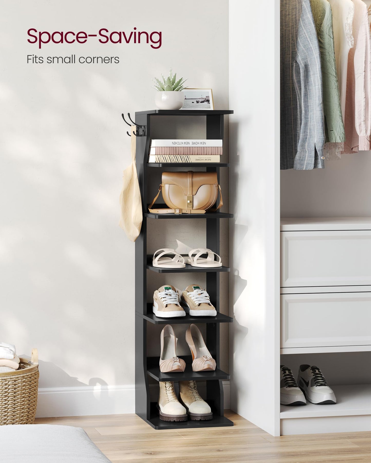 VASAGLE 7-Tier Vertical Shoe Rack, Narrow Shoe Storage Organizer with Hooks, Slim Corner Tower Shelf, Space-Saving for Entryway and Bedroom, Black ULBS200T16