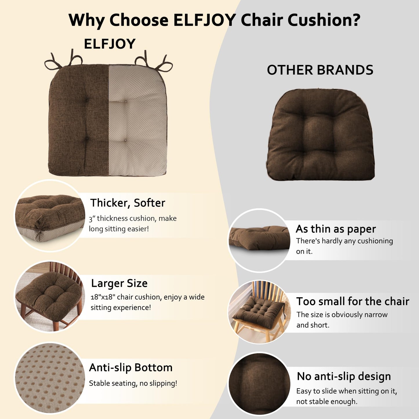 ELFJOY Chair Cushions for Dining Chairs Set of 4 Office Chair Cushion 18x18x3 Inches Kitchen Chair Pads Soft and Comfortable Seat Cushion with Ties and Non Slip Backing, Coffee
