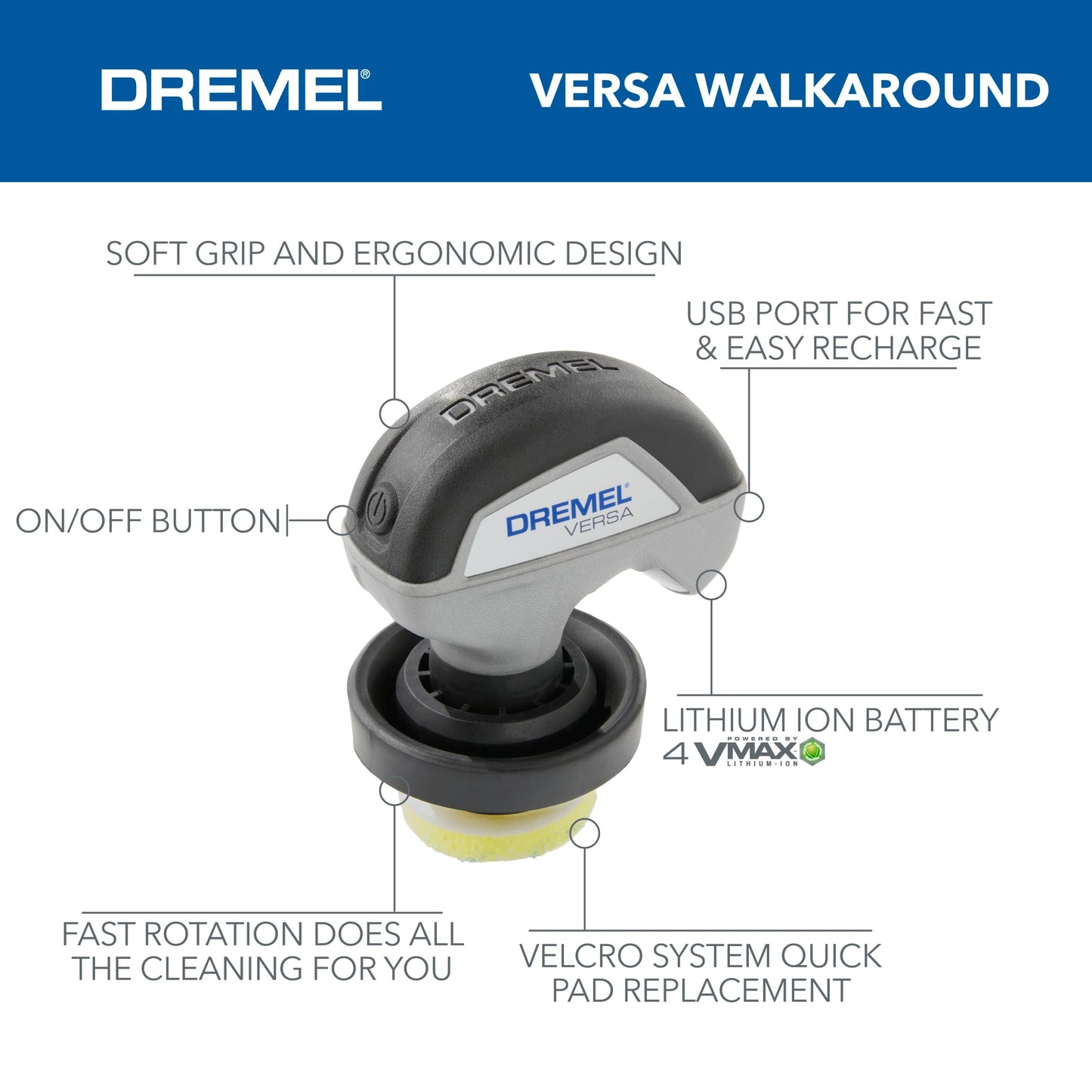 Dremel Versa Power Scrubber Kit with 5 Scrub Daddy Cleaning Sponge Pads - Waterproof Cordless Electric Spin Scrubber, High Speed, Multi-Surface Cleaning for Kitchen, Household, and Bathroom, PC10-07