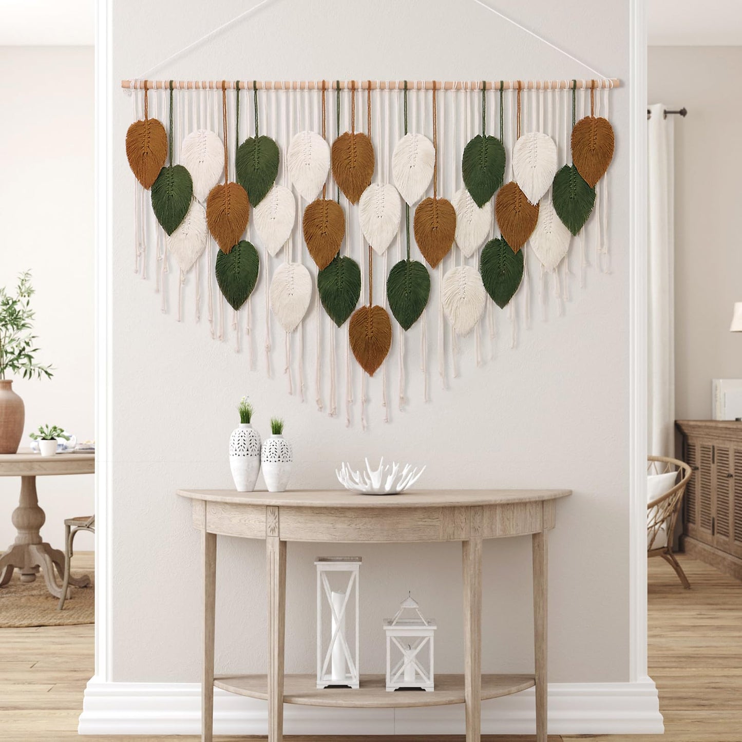 KHOYIME Large Macrame Wall Hanging Boho Woven Tapestry, Chic Home Decor Modern Bohemian Handmade Leaf Feather Wall Art Decorations for Apartment Living Room Bedroom Nursery Backdrop 51.5" W X 33.5" L