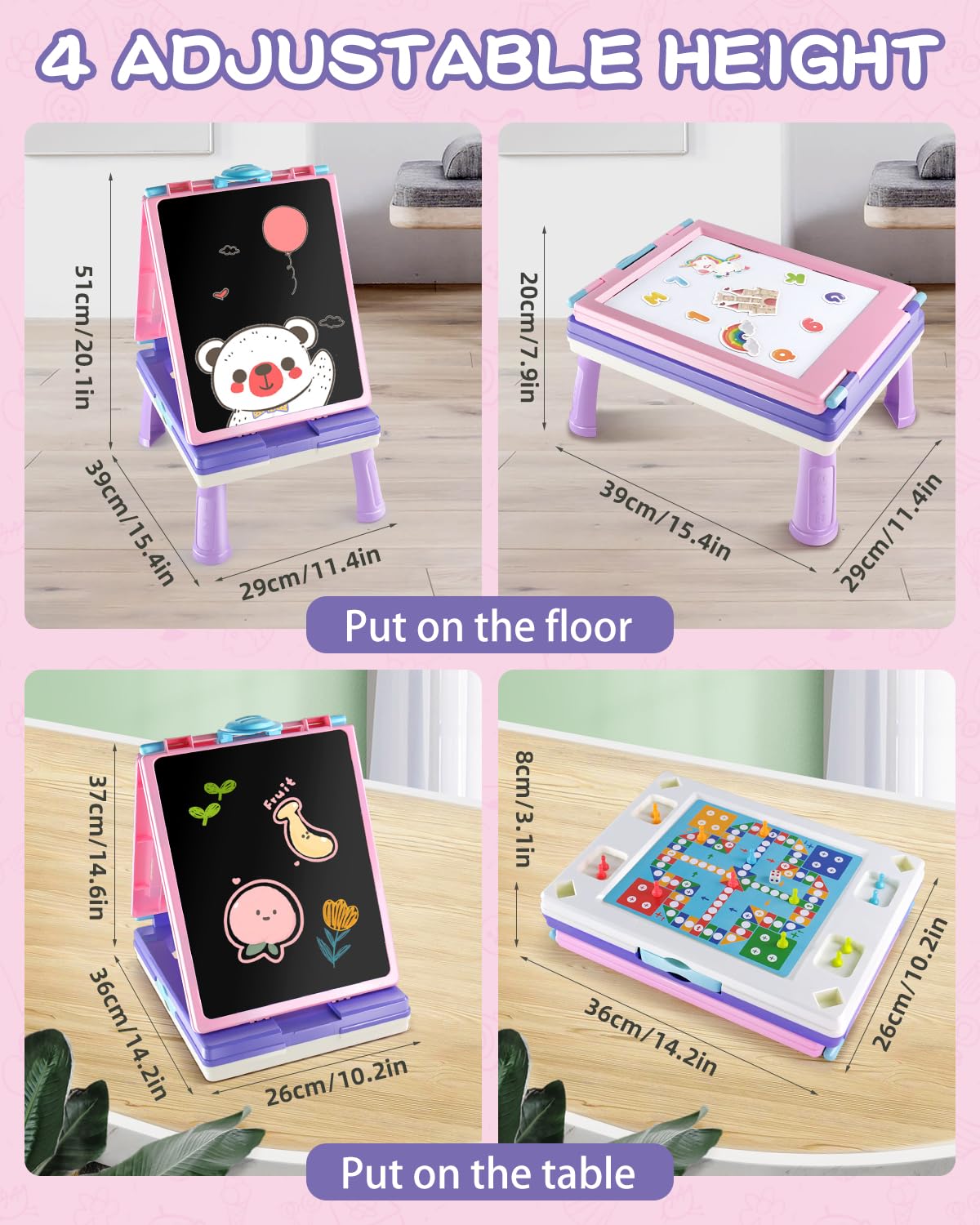 Elovien Easel Kids, 4 in 1 Double Sided Toddler Art Easel with Chalkboard & Magnetic Whiteboard, Foldable Kids Tabletop Easel with Drawing & Writing Supplies - Educational Toy Gift for Girls (Purple)