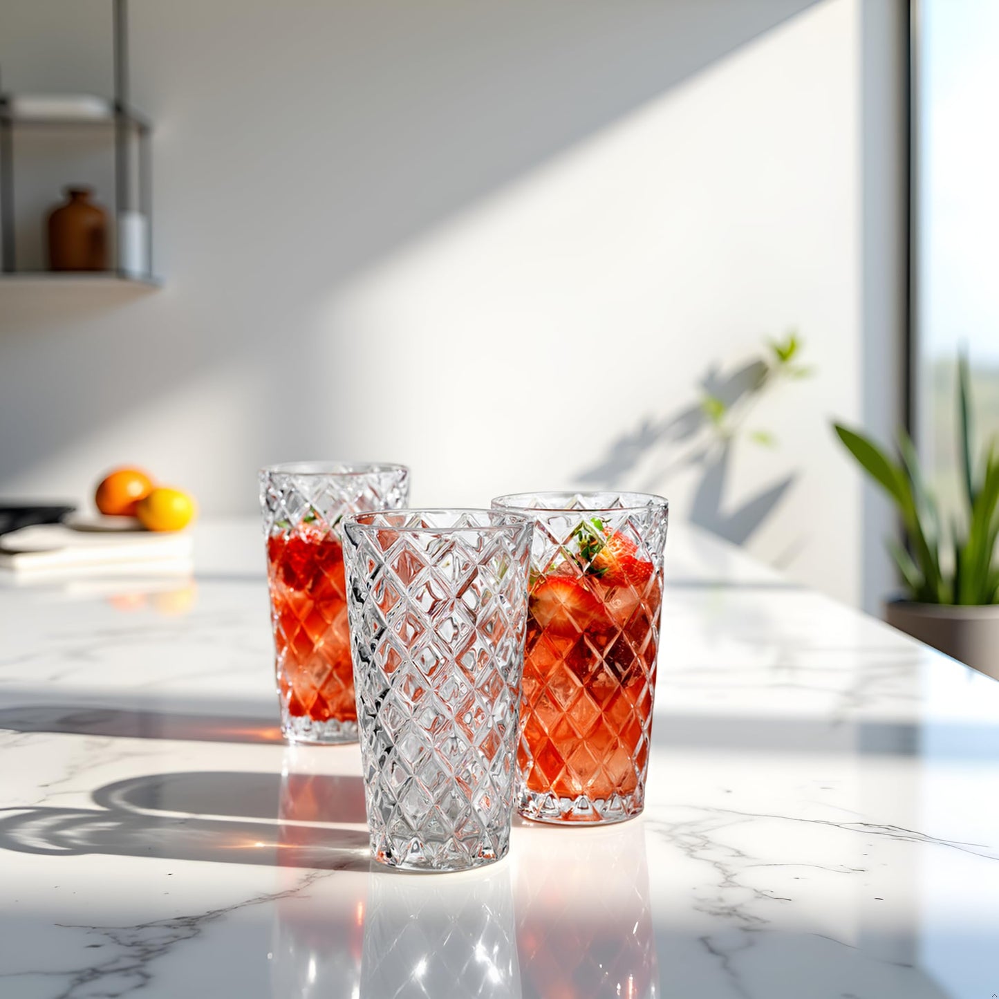 Glaver's Drinking Glasses - Set of 10-14oz. Highball Glass Cups - Dishwasher Safe Cocktail - Diamond Cut Shape - Tall Beer Glasses, Water Glasses, Bar Glass, Wine, Juice, Iced Tea