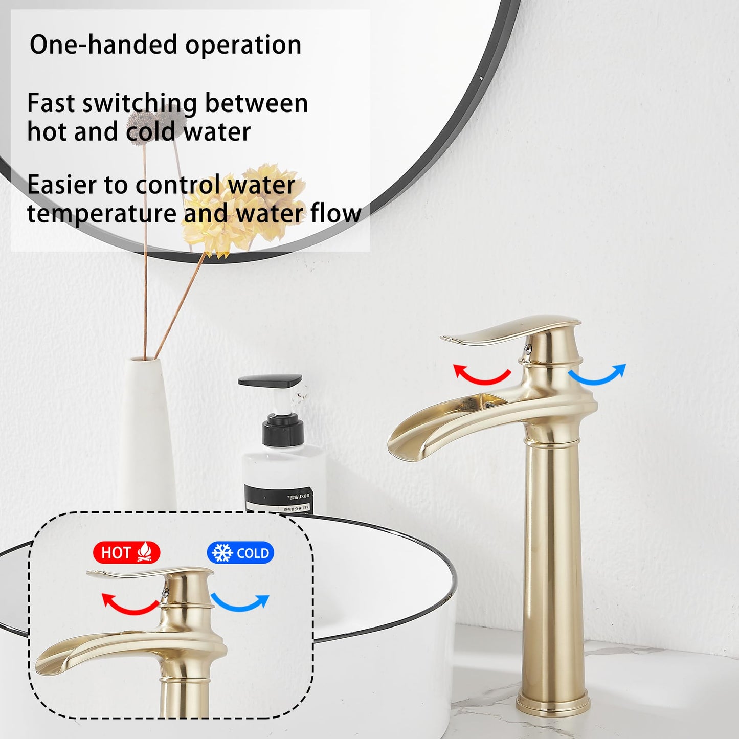 Brushed Gold Bathroom Faucet GGStudy Single Handle 1 Hole Farmhouse Waterfall Bathroom Vessel Sink Faucet Matching with Pop Up Drain