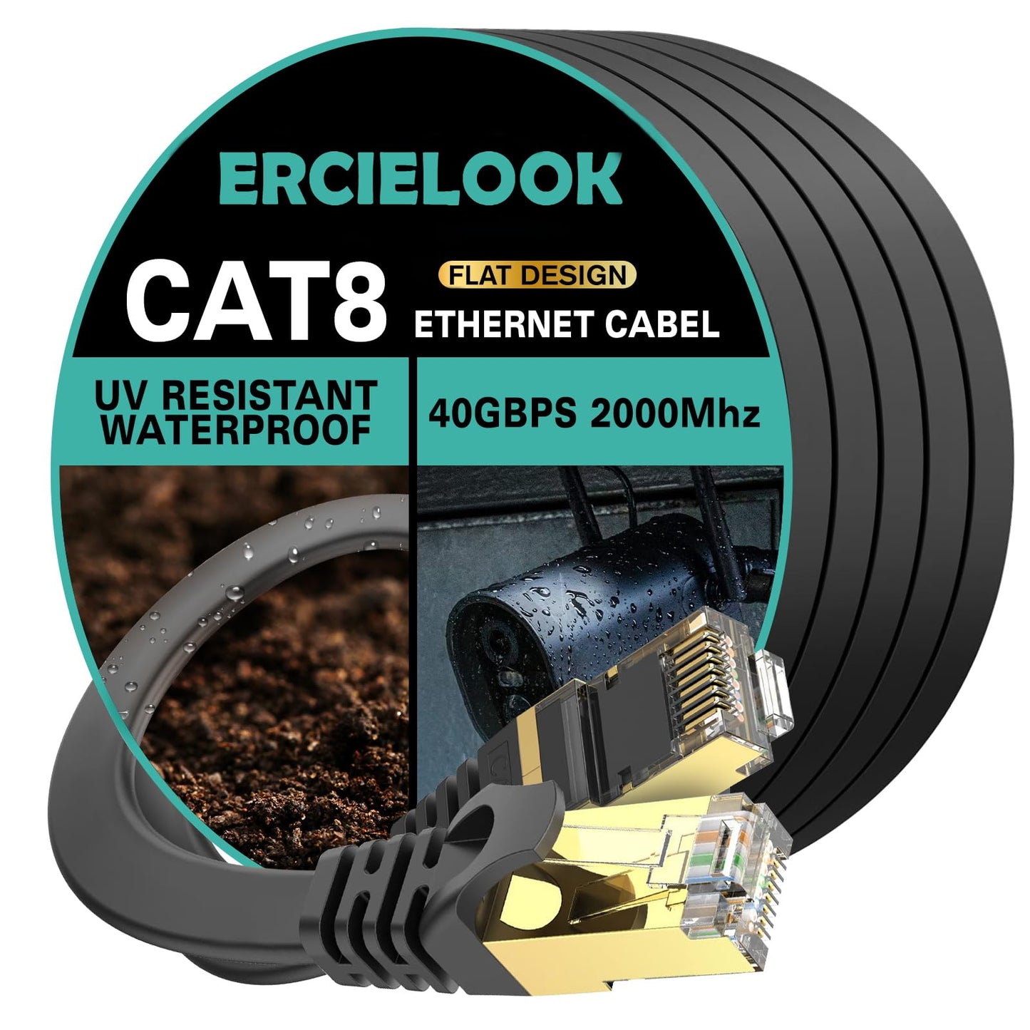 Ercielook CAT8 Ethernet Cable 150 ft High Speed, Shielded Flat Internet Cable with Clips, Weatherproof S/FTP UV Resistant for Router/Gaming/Modem - Black