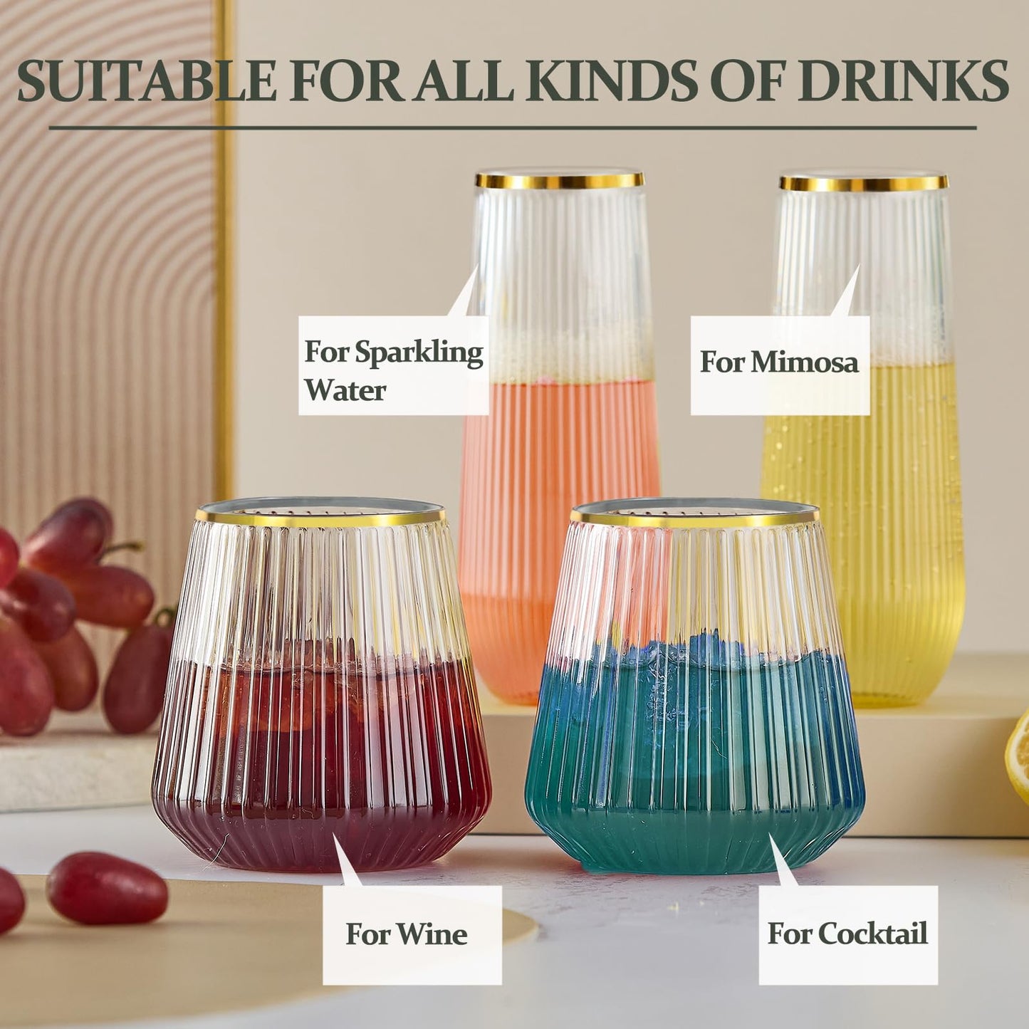 Lueumxc 56 Pack Plastic Wine Glasses Disposable Ribbed gold Champagne Flutes, 32 Pcs 9 OZ Stemless Champagne Flutes & 24 Pcs 14 OZ Disposable Wine Glasses, BPA-Free