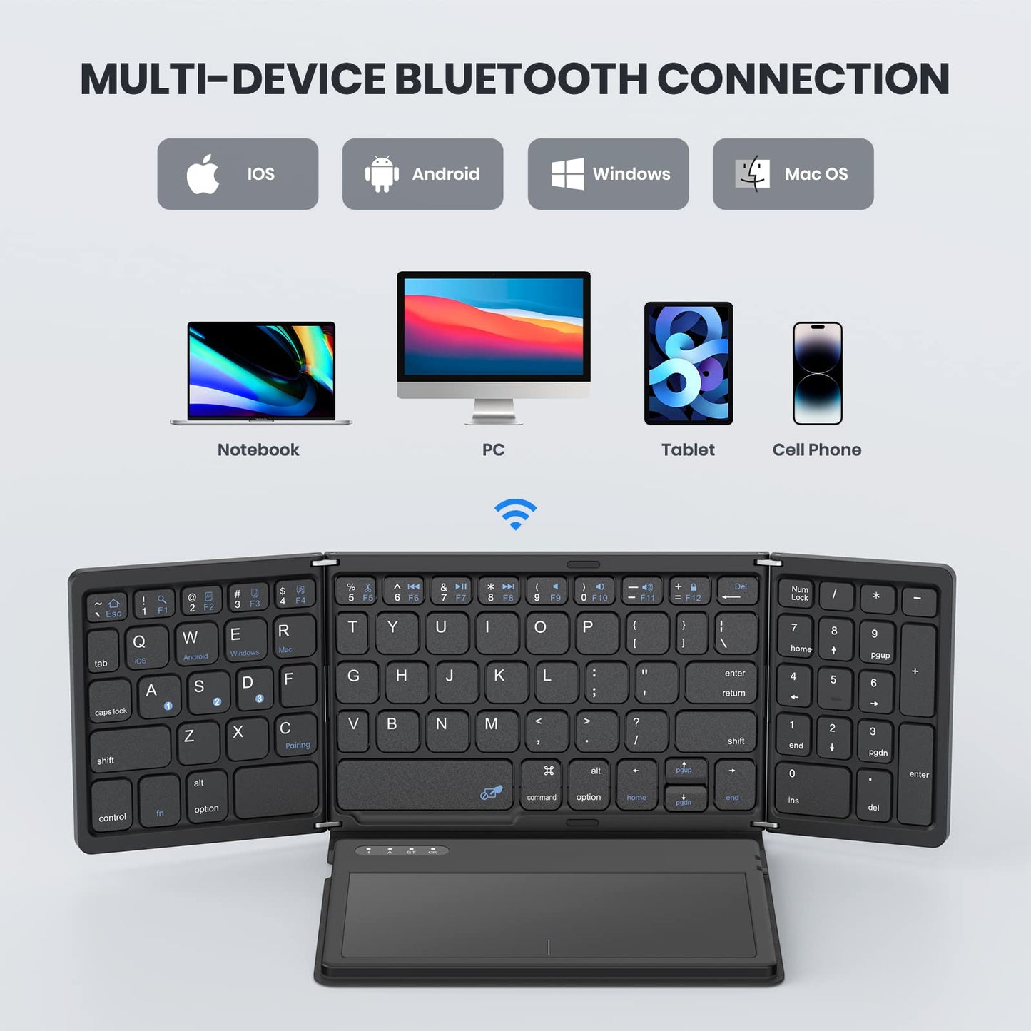 GEODMAER Foldable Bluetooth Keyboard, Portable Full Size Folding Keyboard with Large Touchpad, Numeric Keypad, PU Leather, Wireless TravelKeyboard for Windows Android Mac(Sync up to 3 Devices)