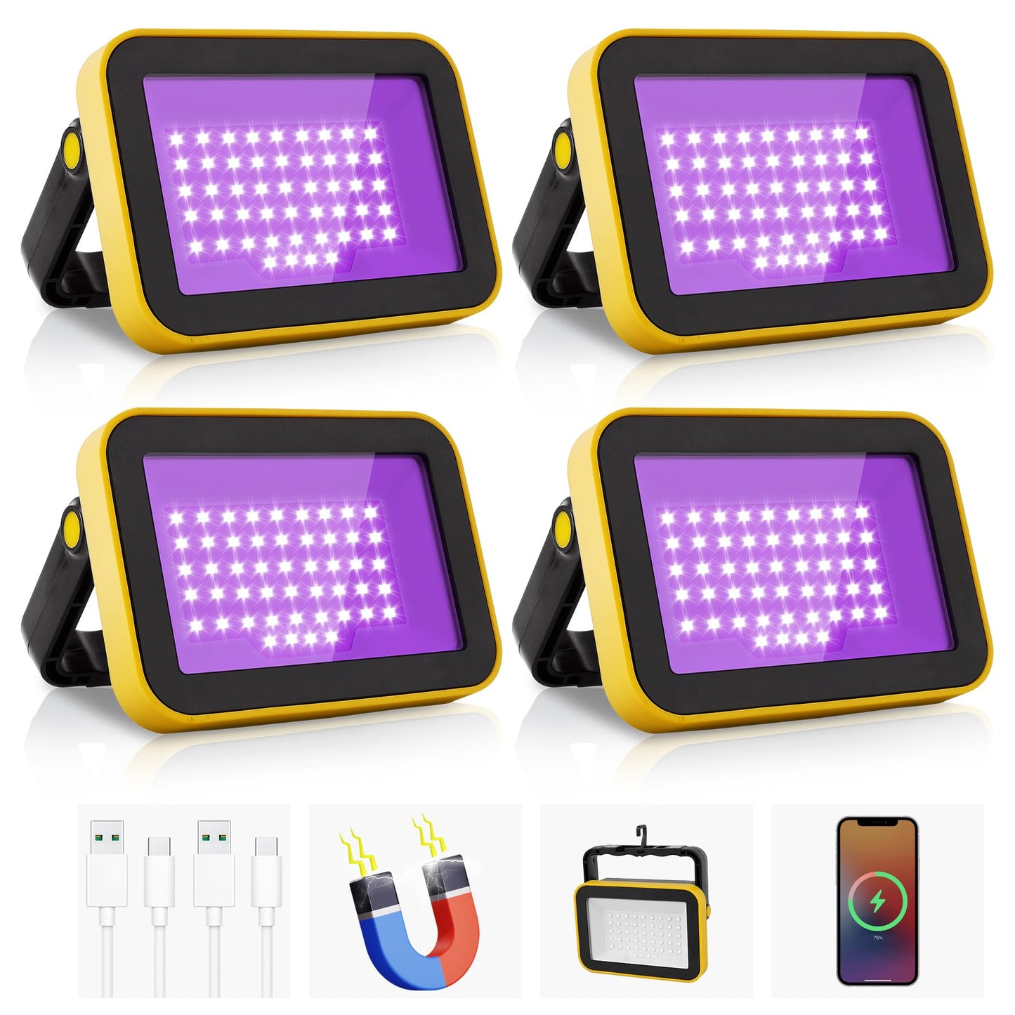 CREPOW Rechargeable LED Black Light, Battery Powered Portable Blacklight, 400nm LED Flood Light Black Lights, Neon Glow Party, Blacklight Catfishing, Halloween, Glow in The Dark Decoration 4 Pack