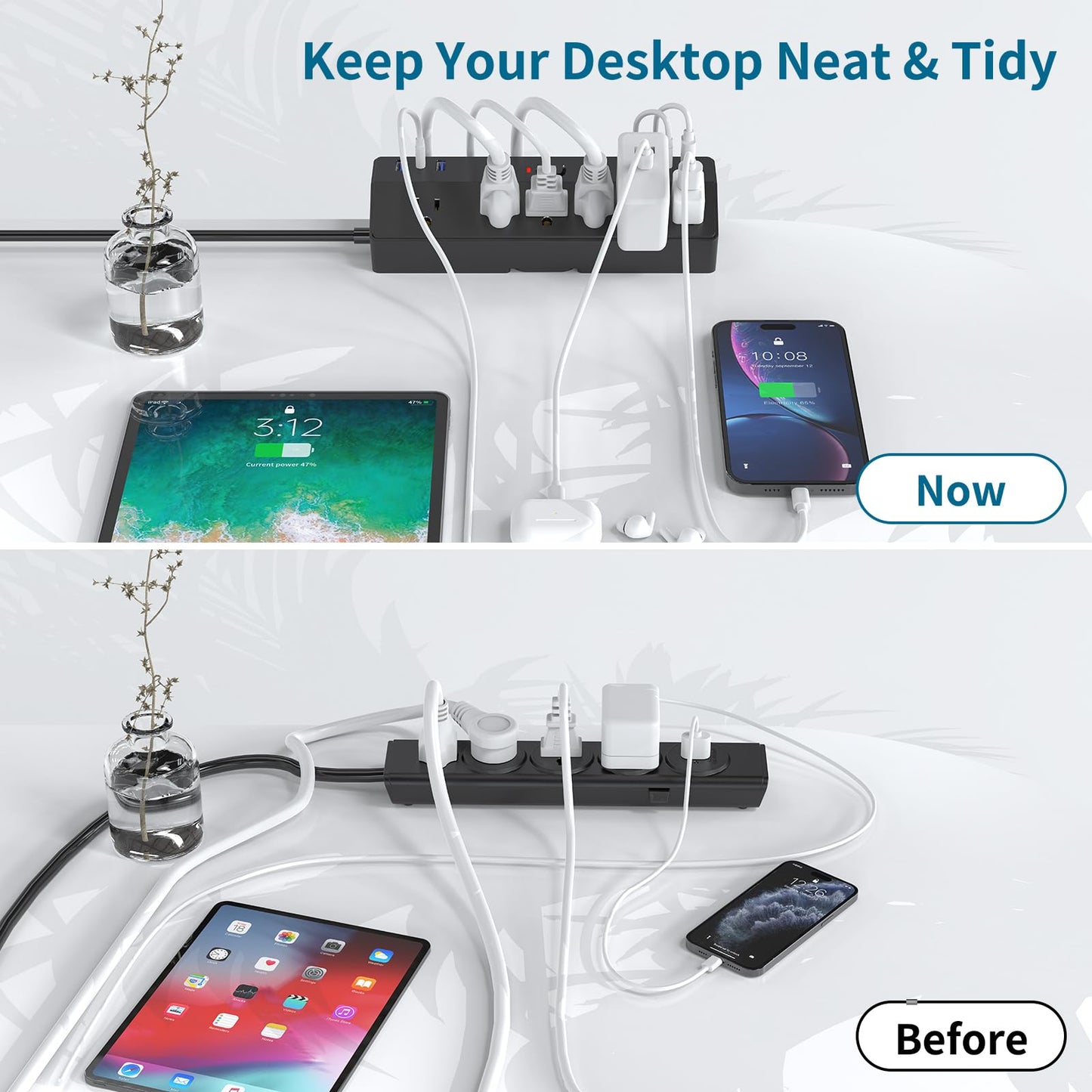 40W Fast Charging Desk Clamp Power Strip 2 PD USB C Desk Charging Station,10FT Desk Extension Cord Flat Plug with 6 AC/6 USB,Fararaka Removable Desk Surge Protector Power Strip Fits 1.8" Tabletop Edge