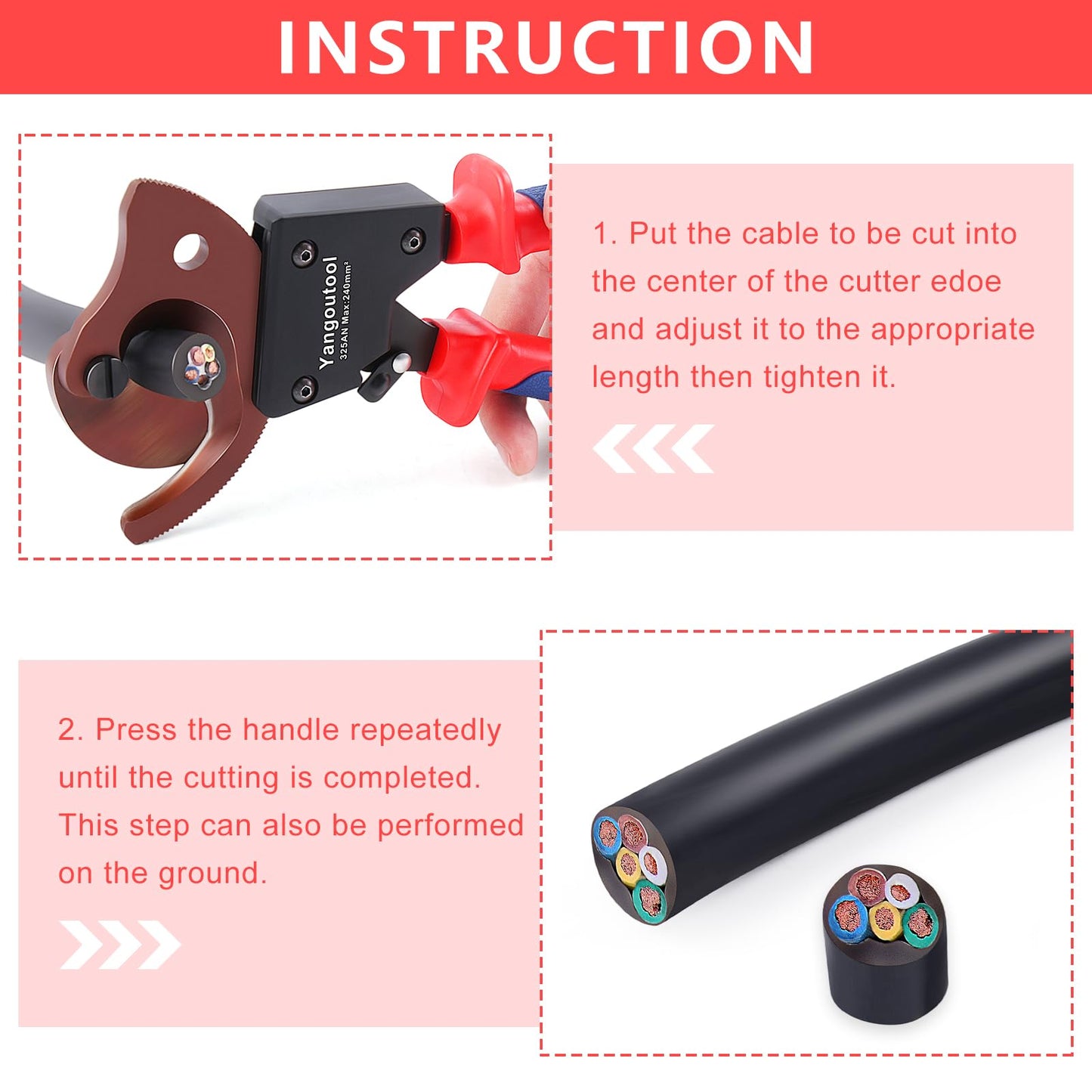 Yangoutool Ratchet Cable Cutter Heavy Duty for Copper and Aluminum Cables, 240mm² Capacity, Sharp Polished Edges, Ideal for Cutting Large Armored Electrical Wires, Perfect for Electricians