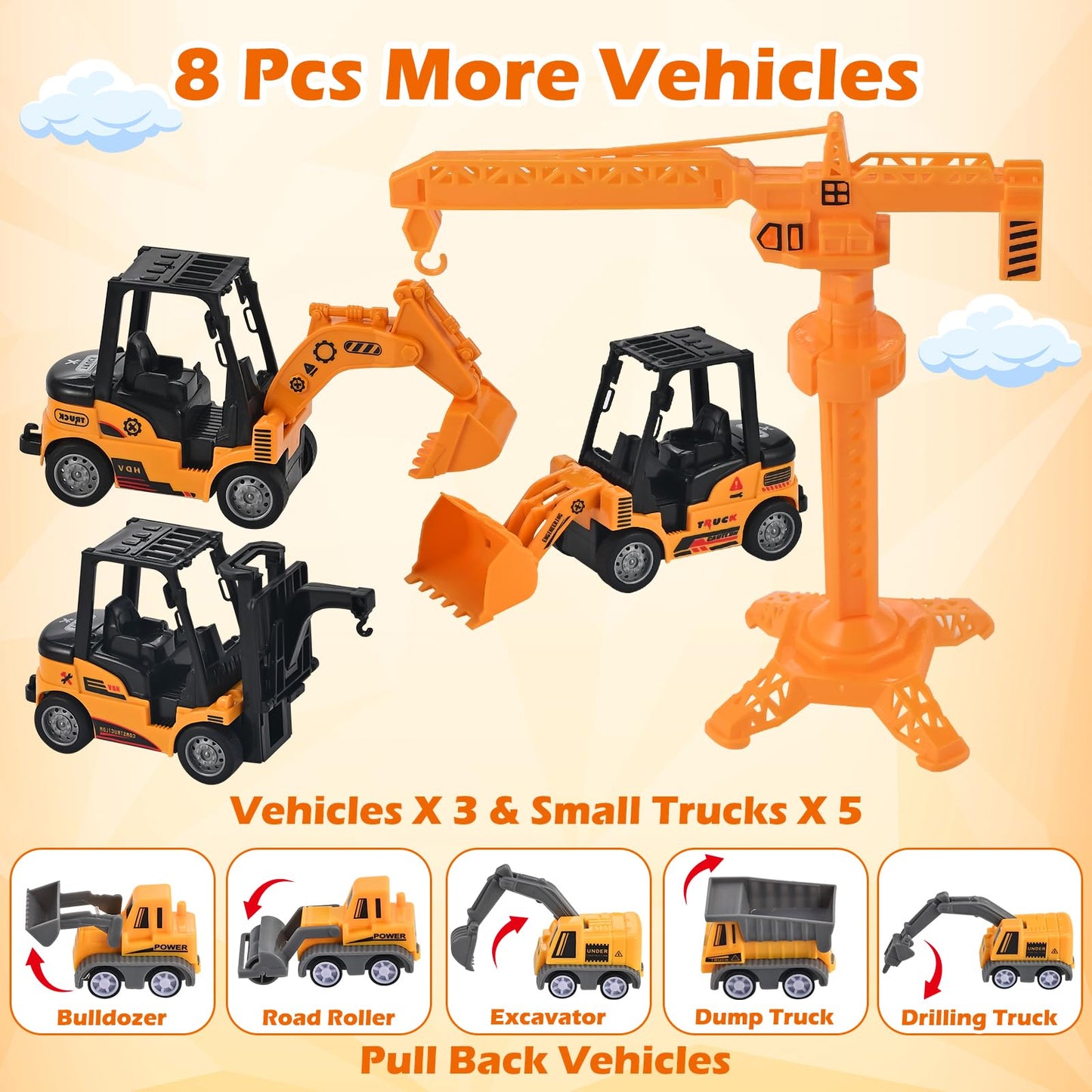 34 Pieces Sand Building Sites Sensory Toy Set for Toddlers with 8 Vehicles, 6 Castle Molds, 5 Road Signs, 4 Worker Figures, 2.2 Sand