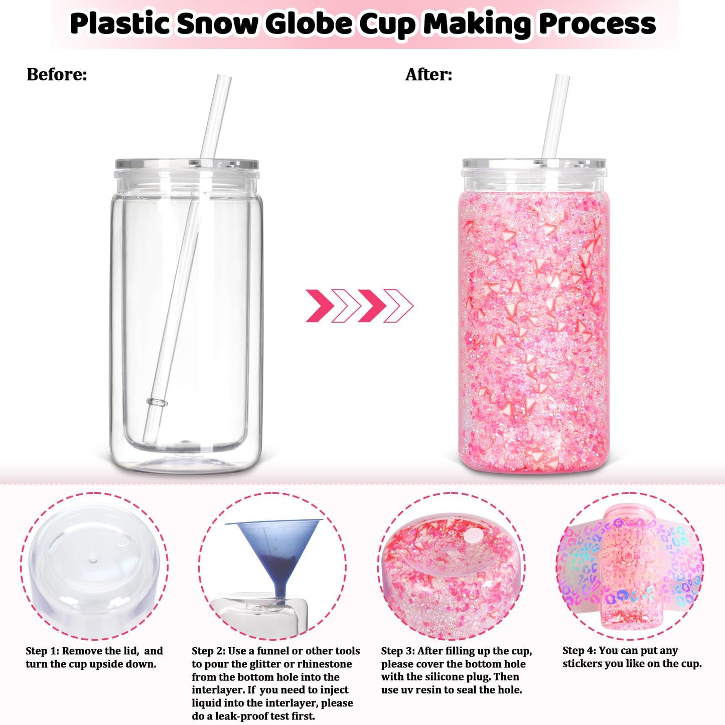 Tswofia 12 Pack Snow Globe Tumbler with Pre Drilled Hole, 16 Oz Double Wall Plastic Can with Lid and Straw, Plastic Mason Jar Mug for Snow Globe Glitter DIY Gift (Clear)