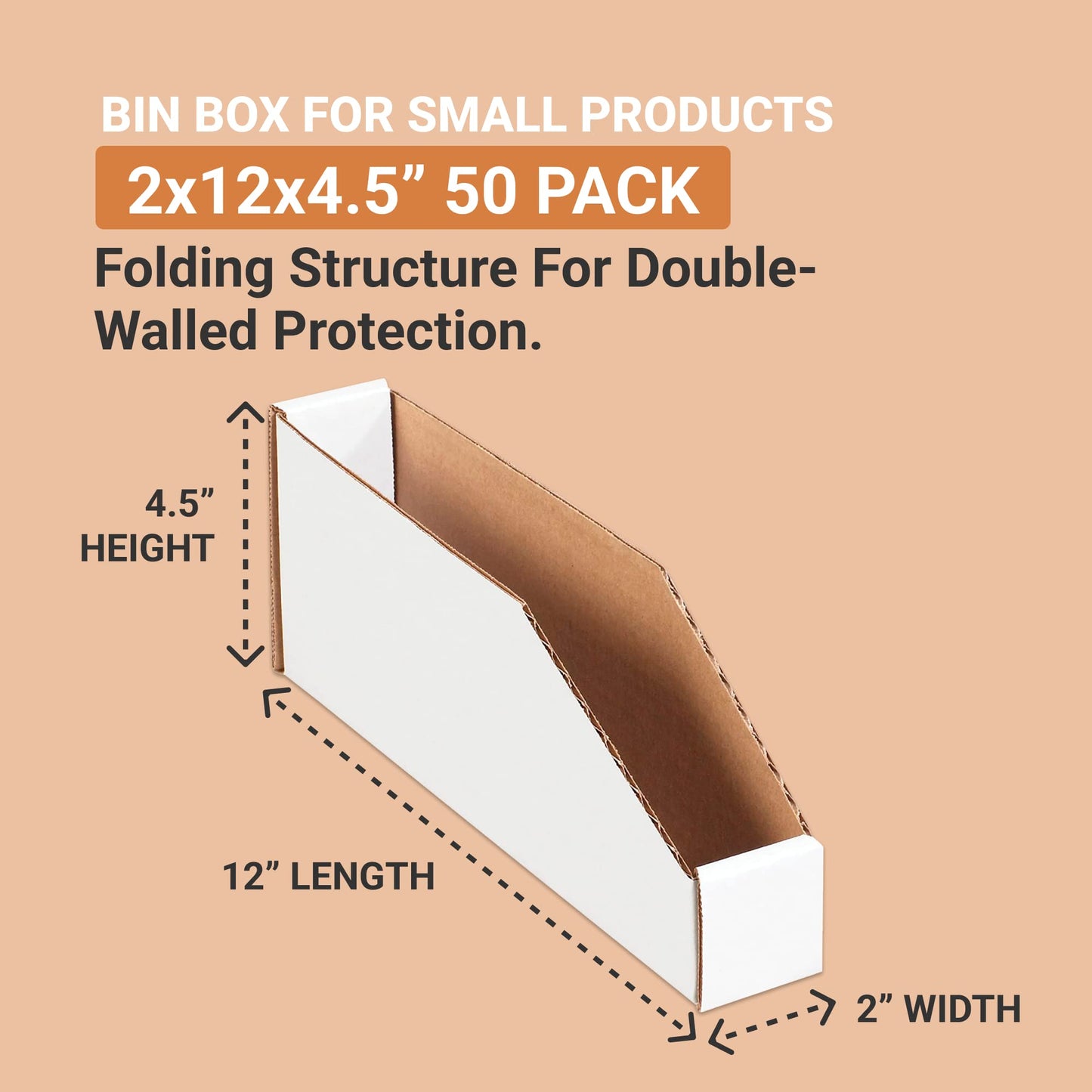 AVIDITI Corrugated Cardboard Storage Bins Holder 2" x 12" x 4.5" (50 Pack), Open Top Durable and Ideal for Organizing Parts Bin Work Areas Packing Moving and Storage - White, 50 Pack