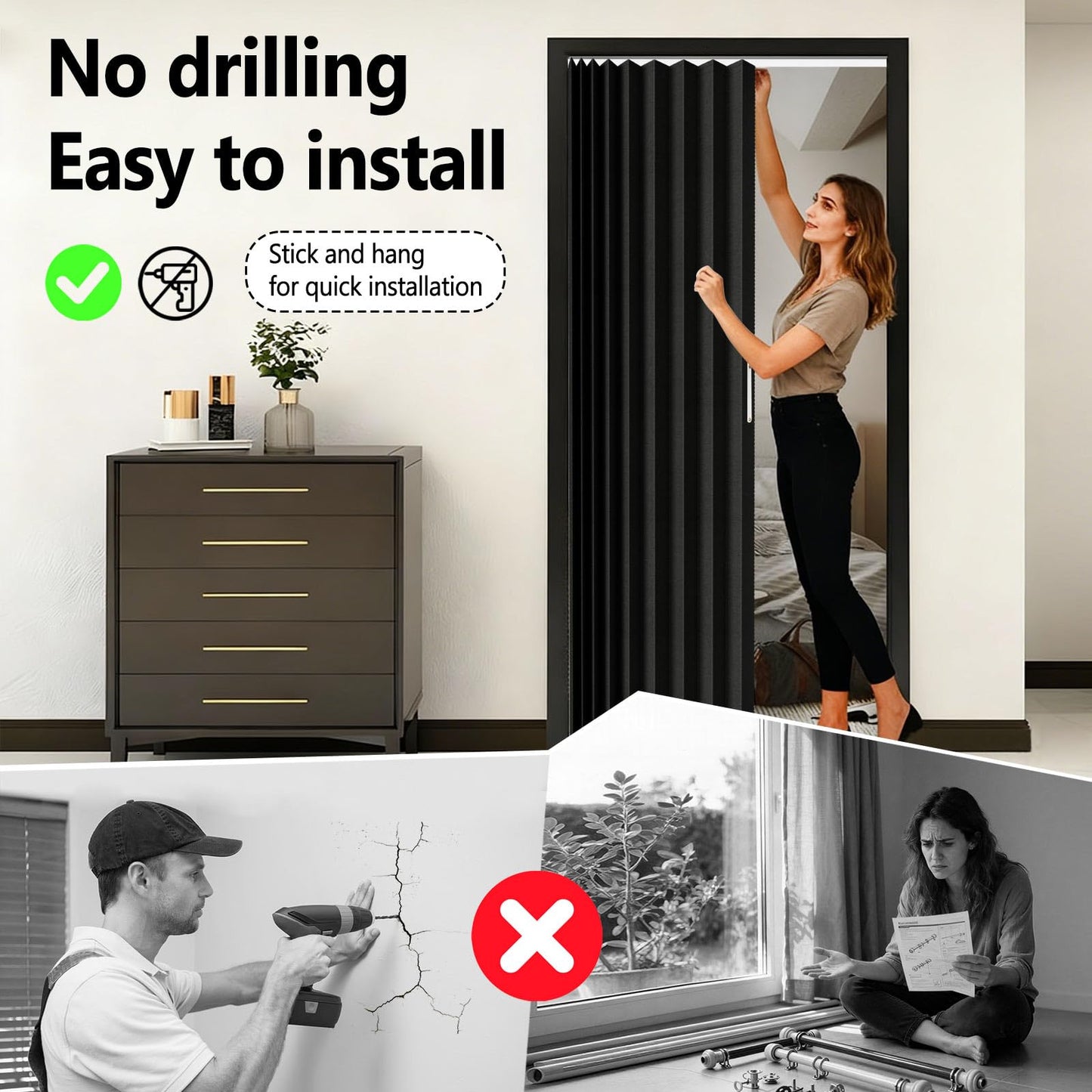 Jilron Accordian Door Curtain,Install Adhesive Track 100% Blackout Doorway Curtains,Suitable for Bedroom,Closet,Interior Room Divider,Black 43" W×78" L,1 Piece
