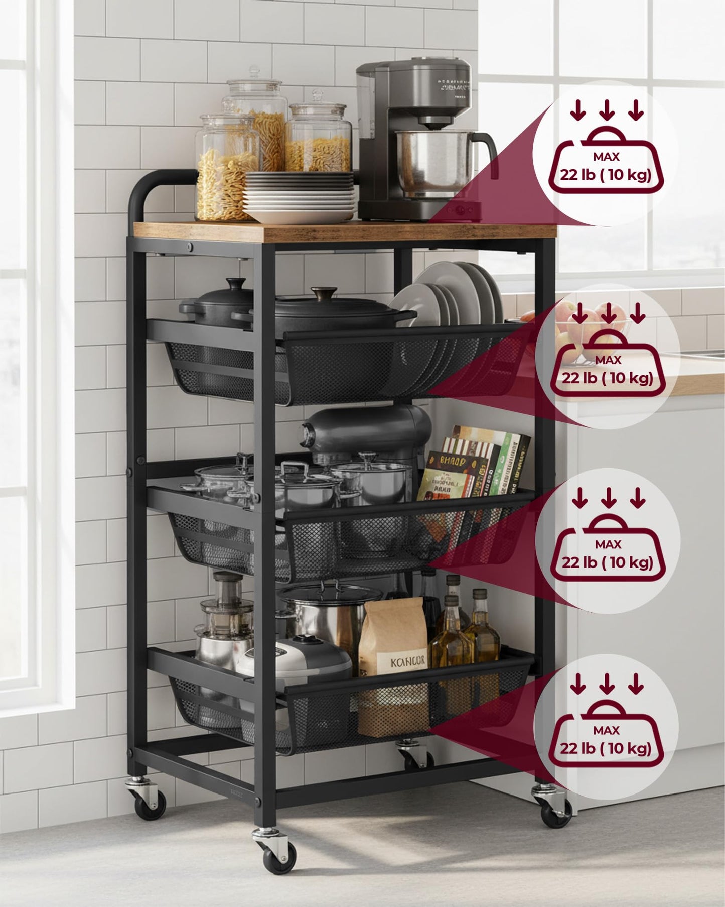 VASAGLE Storage Rolling Cart with Pull-Out Baskets, 4-Tier Utility Cart Orgnizer with Wheels for Laundry Room, Kitchen, Handle, 12.5 x 15.8 x 29.9 Inches, Rustic Brown and Ink Black ULRC040K01