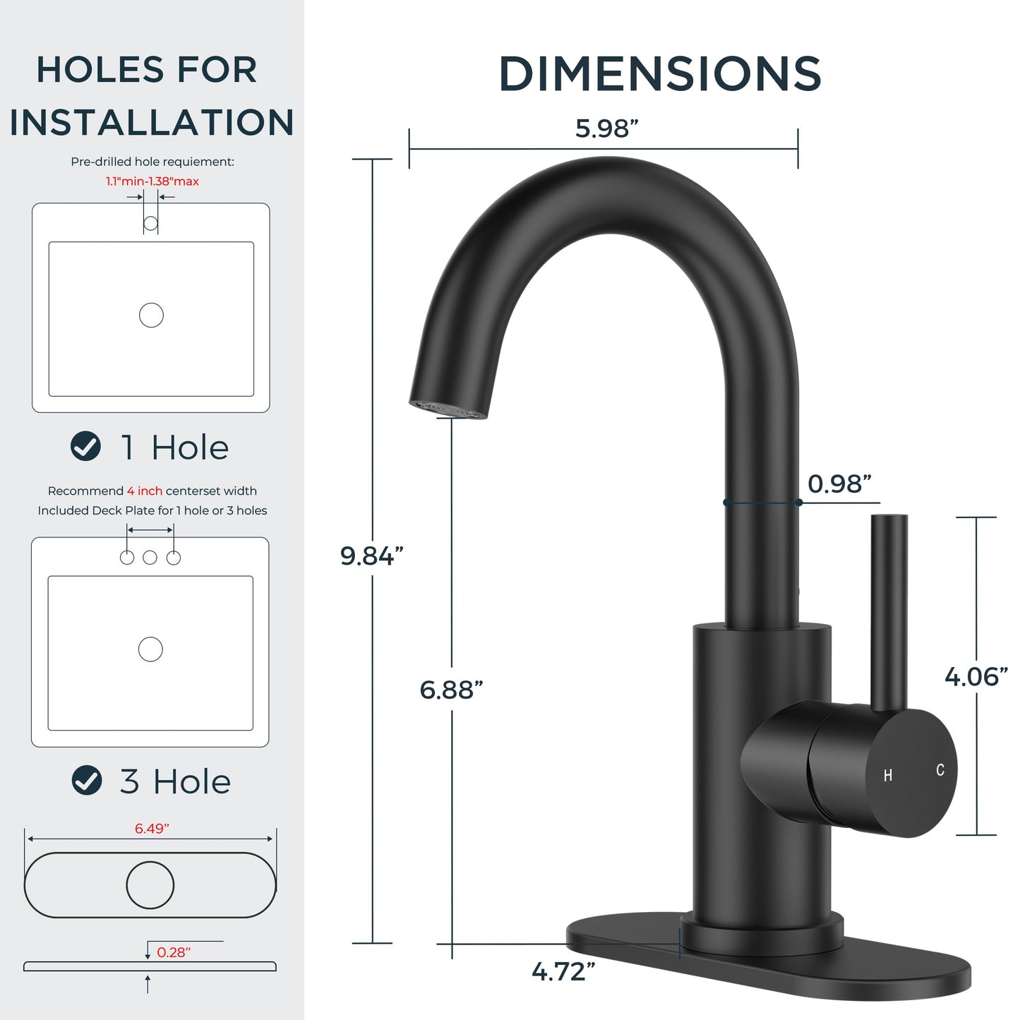 FORIOUS Black Bathroom Faucet 1 or 3 Hole Sink Single Handle, 360° Swivel Gooseneck Spout, Matte Finsh, Leak-Free, with cUPC Supply Line and Metal Pop Up Drain, Suitable for Bar Kitchen RV Vanity