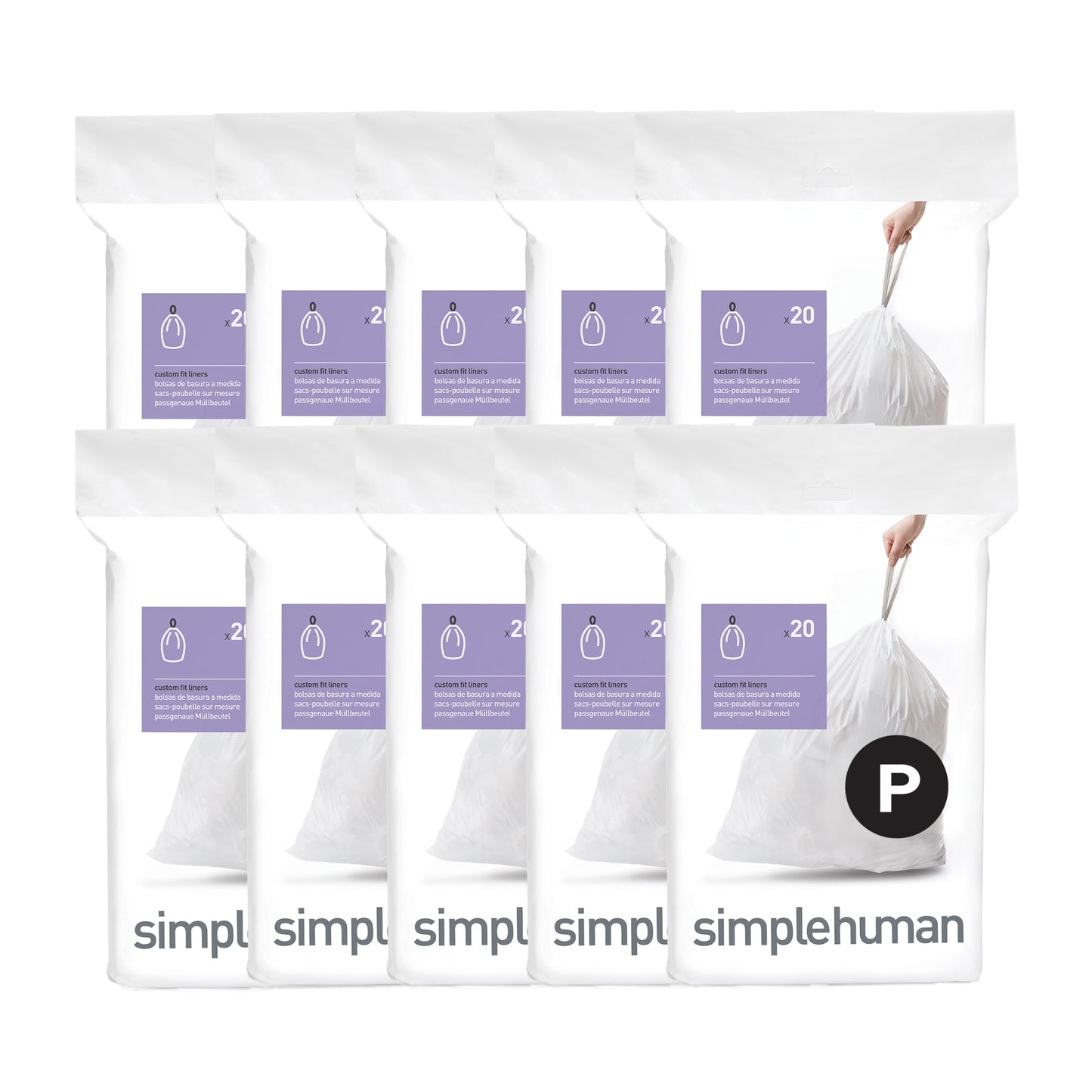 simplehuman Code P 200 Count Custom Fit Liners, Drawstring Kitchen Trash Bags, One-by-One Mess-Free Dispense, Extra Thick & Double Seamed, 50% PCR Plastic, 50-60 Liter / 13-16 Gallon, White