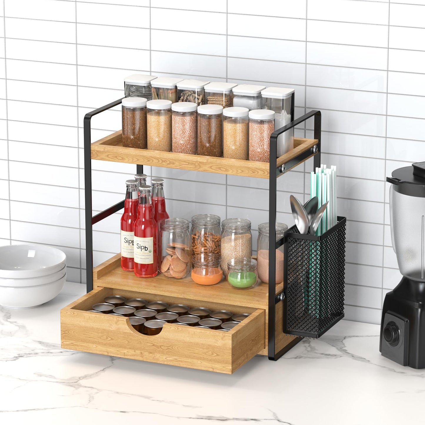 LEMIKKLE Bathroom Counter Organizer with Drawer and Basket,Wood Countertop Organizer for Bathroom Decor Makeup Tray for Perfume Skincare Bedroom Kitchen Corner