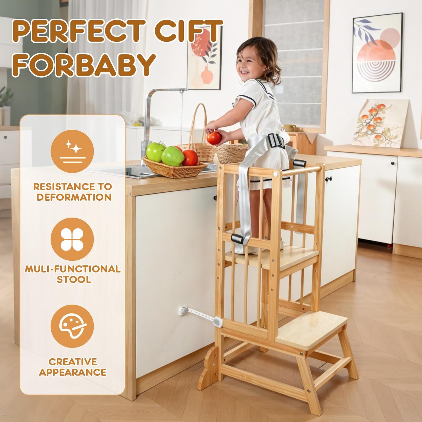 Toddler Step Stool, Kitchen Tower for Toddlers, Adjustable Height Children's Wooden Kitchen Stool, Kids Tower for Learning with Removable Safety Railing, Ages 18 Month to 3 Years(Wood)