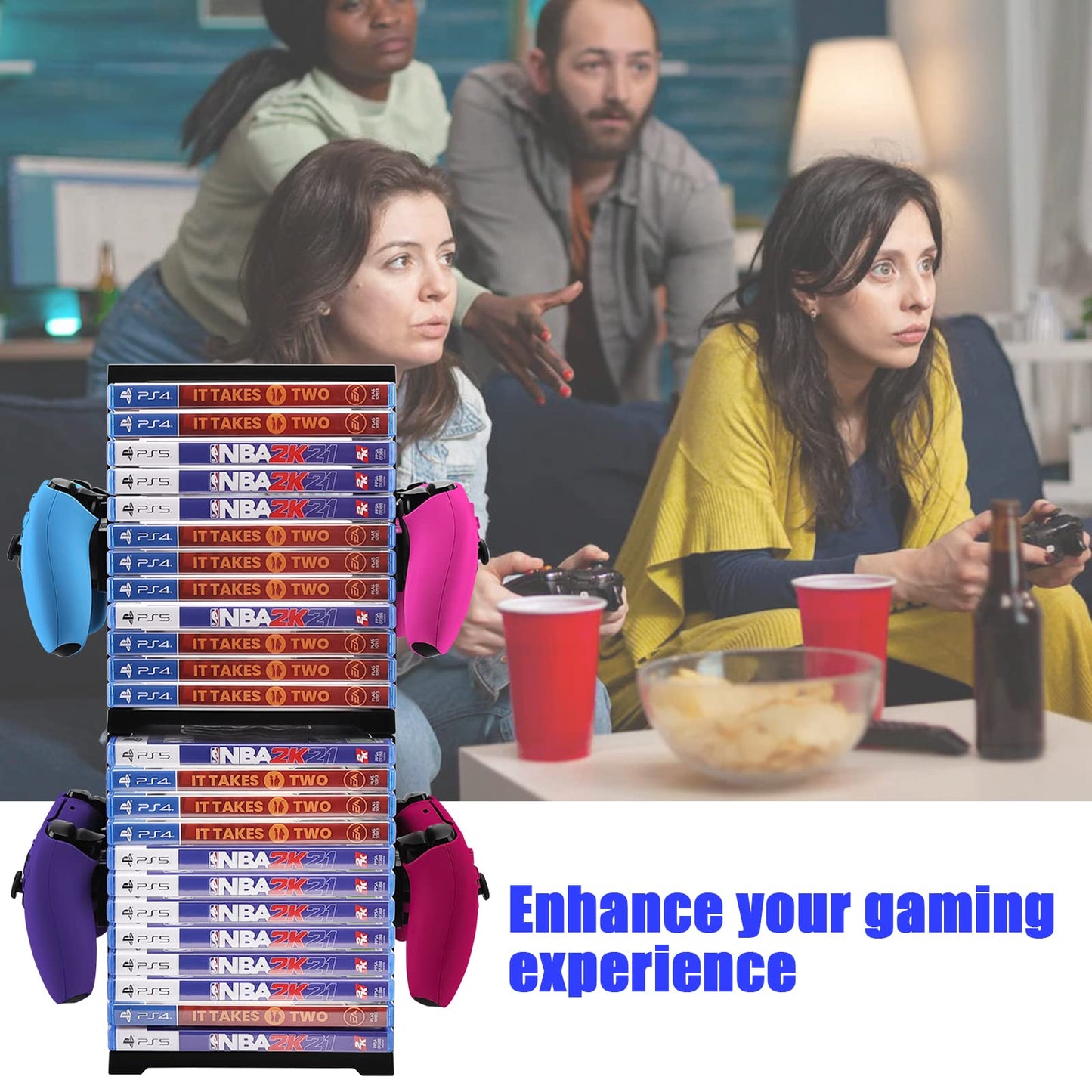 SIKEMAY Game Storage Tower for PS5/PS4/Xbox Series S & X - Universal Video Game Disc Organizer with 24 PCS Holders, 4 Controller Slots & Stand Rack Accessories - Black
