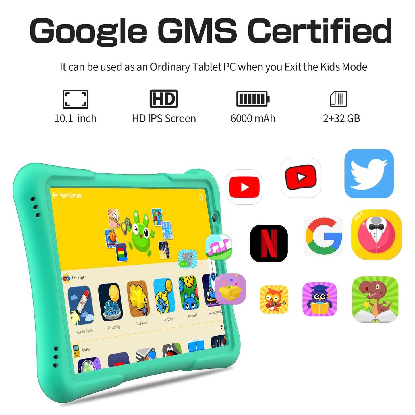 PRITOM 10 inch Kids Tablet Android 12 Tabletas 32GB, Quad-Core, 6000mAh, Large HD IPS Display, WiFi 6, Dual Camera, Bluetooth, Toddler Tablet for Kids Age 3+, Green