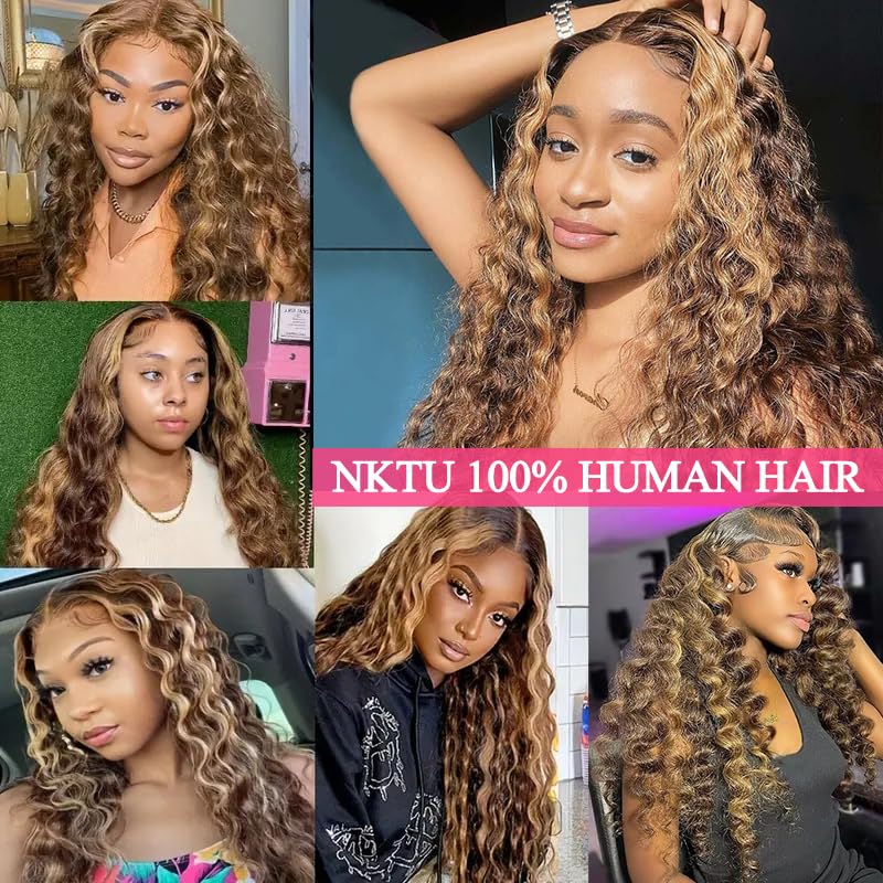 NKTU 4/27 Deep Wave Lace Front Wigs Human Hair Honey Blonde Highlight Ombre Wigs Human Hair for Women 13x4 HD Transparent Lace Frontal Wigs Pre Plucked with Baby Hair 200 Density 26 Inch