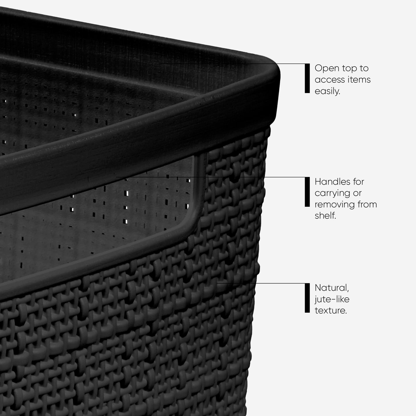 Curver Set of 4 Large 20L Jute Decorative Plastic Organization and Storage Baskets - Perfect Bins for Home Office, Closet Shelves, Kitchen Pantry and All Bedroom Essentials, Black