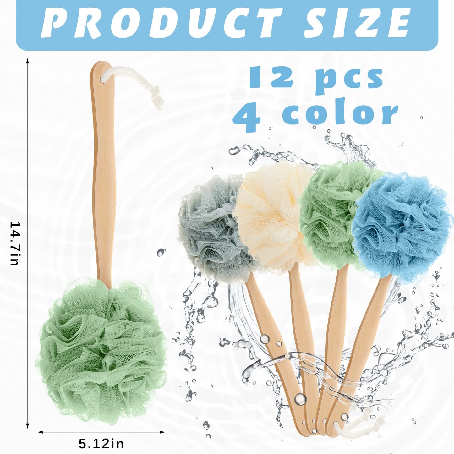 12 Pieces Large Loofah on a Stick Shower Loofah with Long Handle Back Scrubber for Shower PE Body Bath Sponge Soft Spa Mesh Brush Wash Exfoliating Luffas for Men Women, 4 Colors
