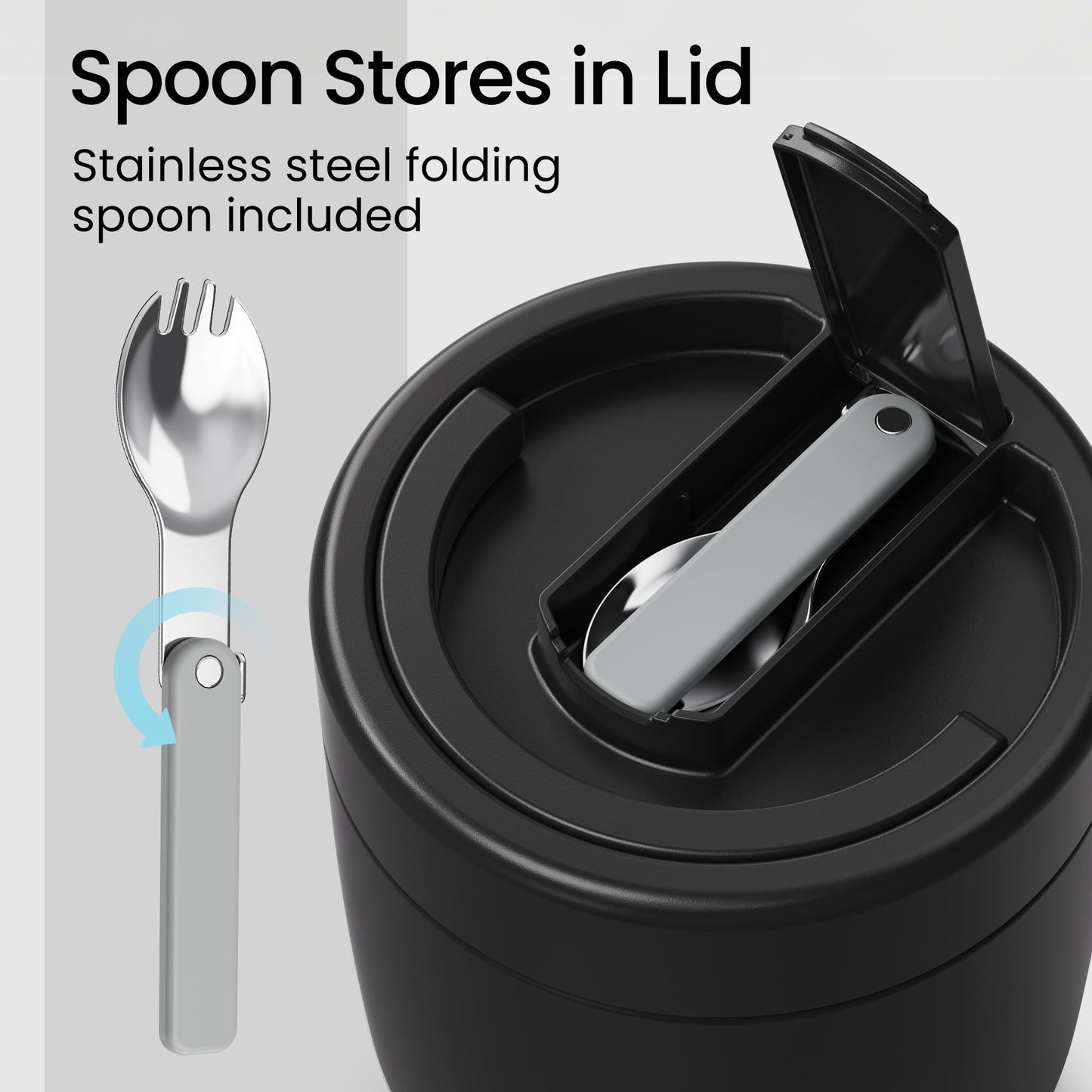 HOMEKOL Thermo for Hot Food Soup: 40.5 oz Insulated Lunch Container for Adults, Stainless Steel Thermal Jar with 12oz Inner Jar, Wide Mouth Leakproof Easy-Open Lid with Foldable Spoon & Handle, Black