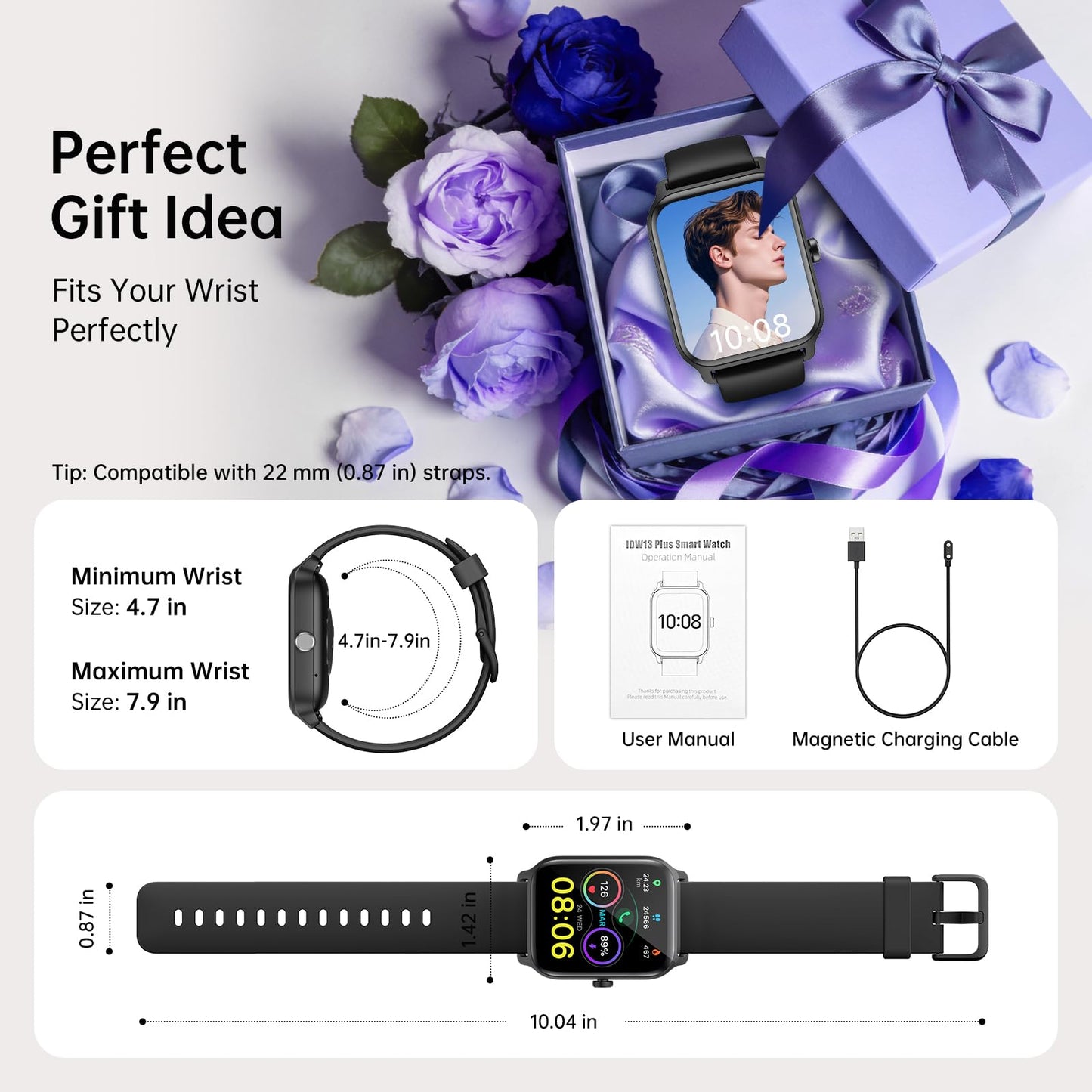 Tensky Smart Watch for Men/Women, 1.85'' HD Touchscreen Smartwatch for Android/iPhone/Samsung/(Bluetooth Call), Alexa Built-in, 100+ Sport Modes Fitness Digital Tracker, Sleep/Heart Rate/SpO2 Monitor