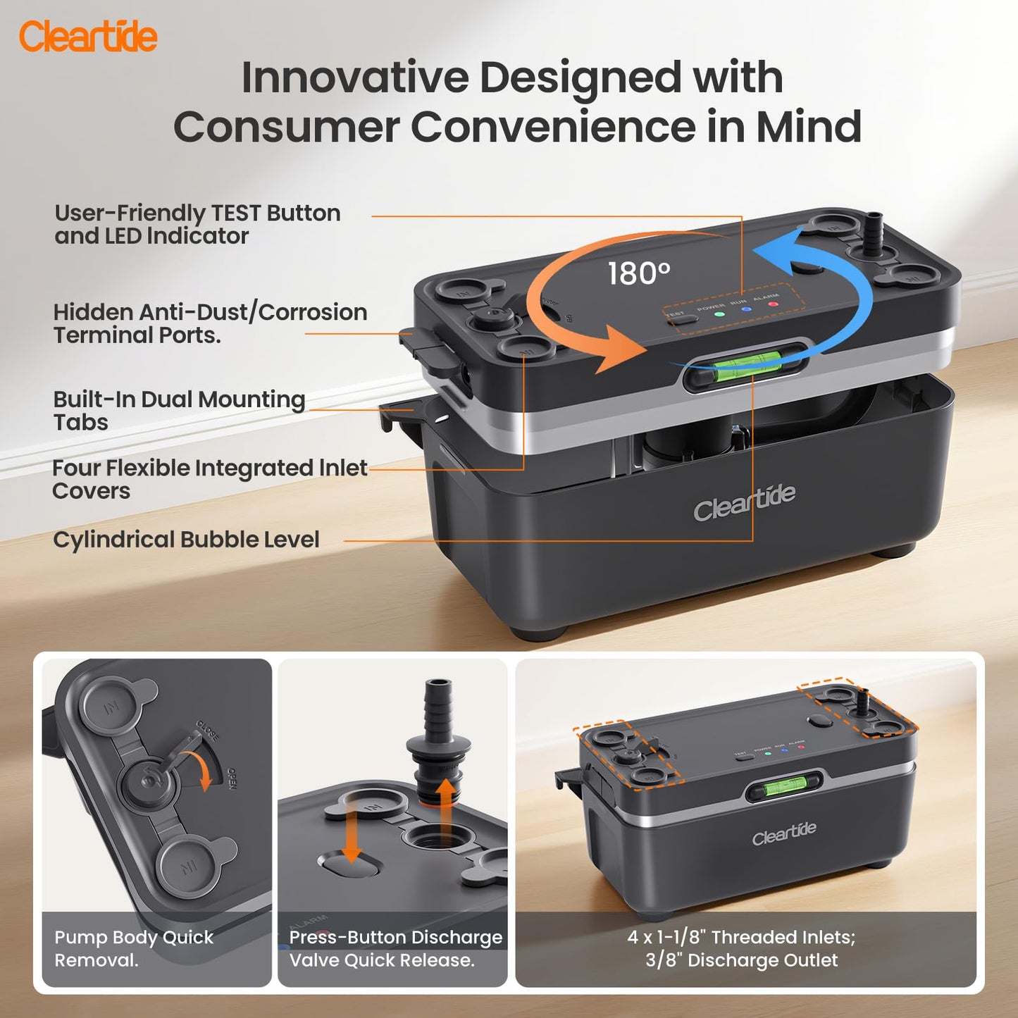 Cleartide Condensate HVAC Pump, Ultra-Quiet 25dB, 1/50 HP 115 GPH, Automatic Condensate Removal Pump with Safety Switch for Air Conditioner/Furnace/Dehumidifier, 100-240V, 23.6ft Head Height