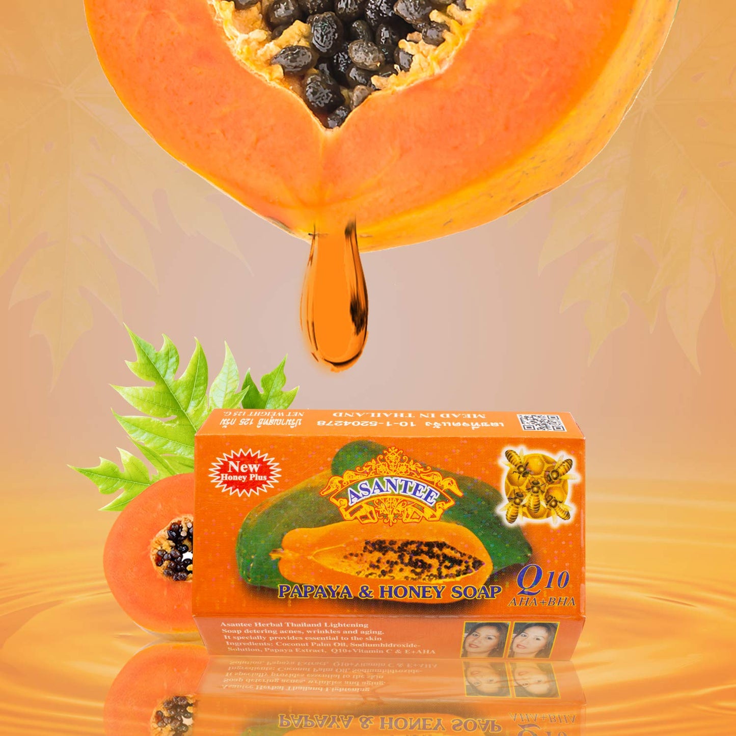 ASANTEE PAPAYA & HONEY Soap Bars with Vitamin C,E and Q10 Skin Cleansing 4.40 Oz (Pack of 4)