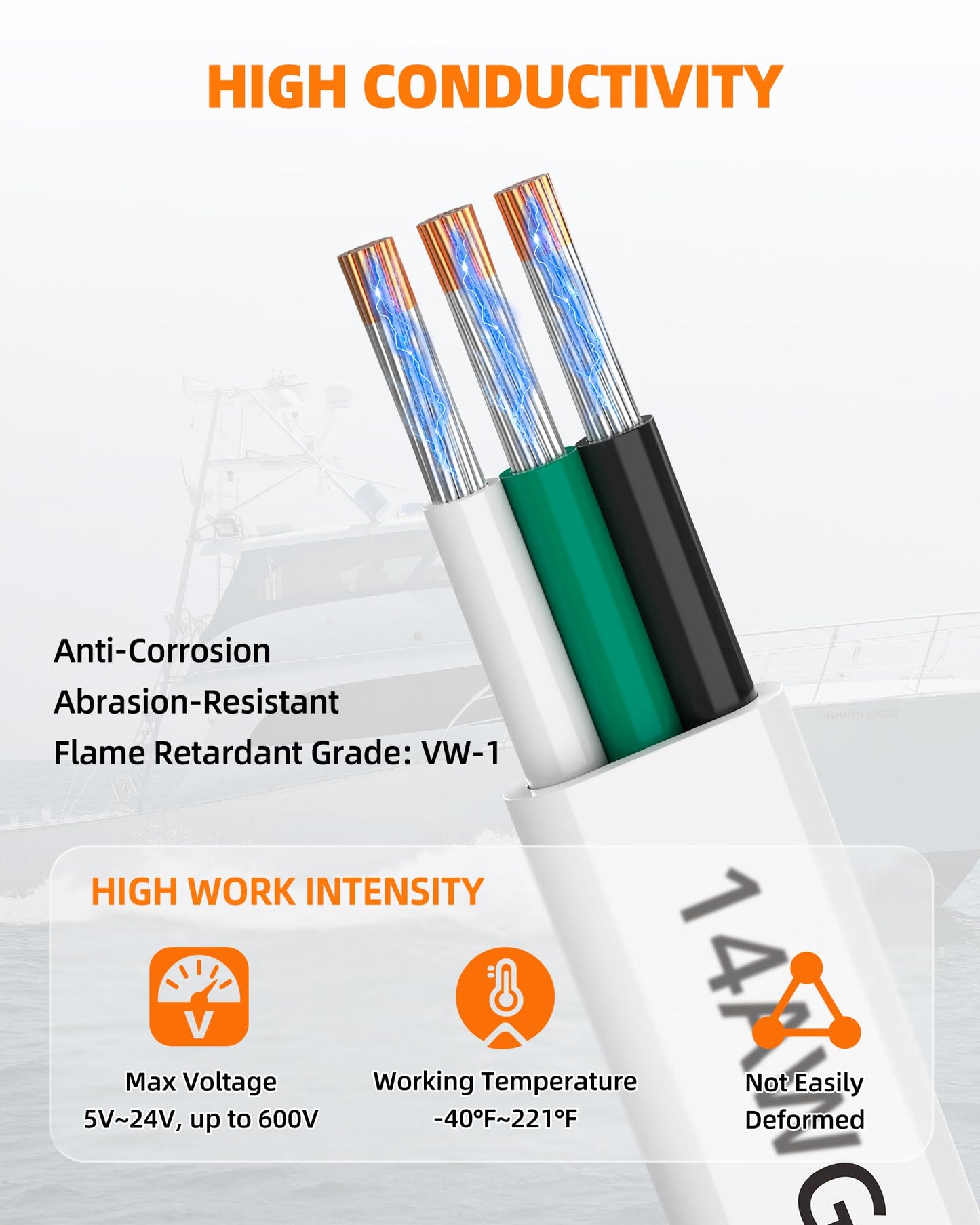 CONEPY 14 Gauge Marine Wire, 14/3 Triplex Marine Grade Cable, IP68 Waterproof/Oxygen-Free Tinned Copper Stranded PVC 14 AWG Wire for Boat, Automotive, RV, Solar, LED Strips (100FT)