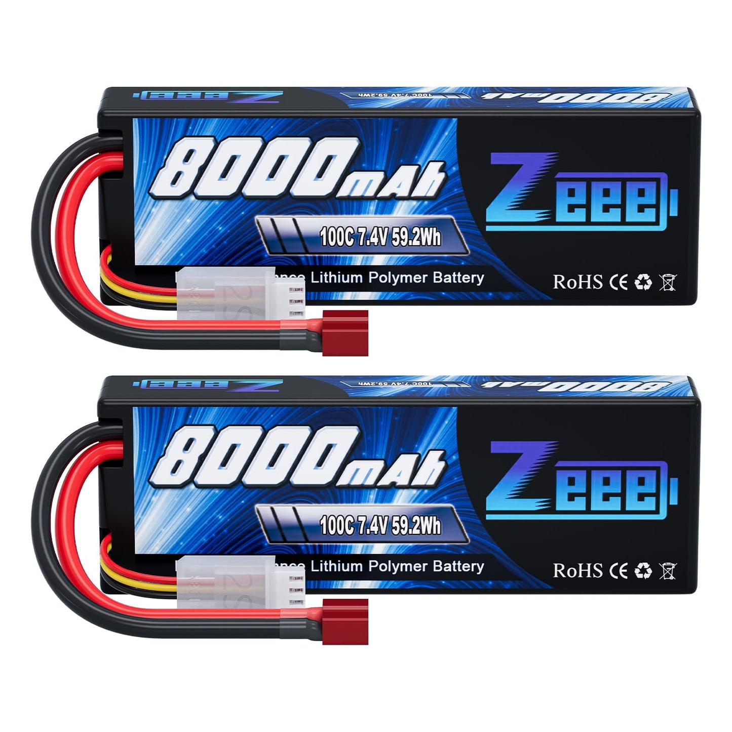 Zeee 2S Lipo Battery 8000mAh 7.4V 100C Hard Case with T Plug for RC Car Truck Truggy Boat Helicopter(2 Pack)