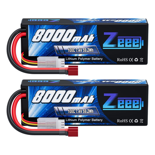 Zeee 2S Lipo Battery 8000mAh 7.4V 100C Hard Case with T Plug for RC Car Truck Truggy Boat Helicopter(2 Pack)