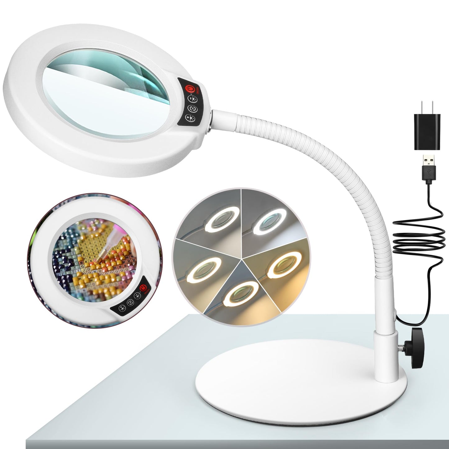 Krstlv 10X Magnifying Glass with Light and Stand, 5 Color Modes Stepless Dimmable LED Lighted Desk Lamp, Hands Free Flexible Gooseneck Magnifier with Light for Craft Hobby Painting Close Work - White
