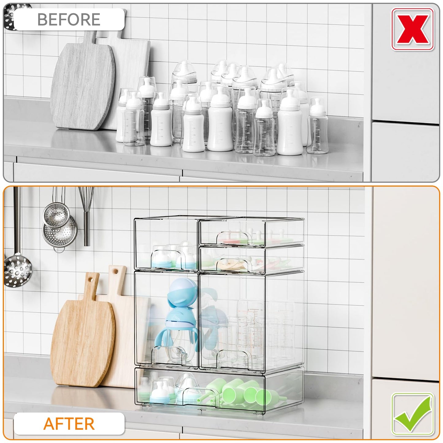 Yieach 6 Set Clear Baby Bottle Organizer for Countertop,BPA FREE Bottle Station Organizer for Breast Pump Parts,Pacifier and Baby Accessories,Stackable Drawers for Bathroom,Cabinet,Pantry Organization