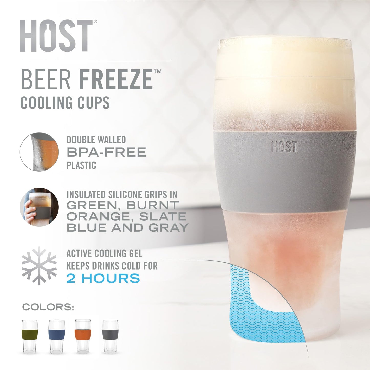 HOST Beer FREEZE Beer Glass Cups Set Drinking Glasses, Freezer Mugs with Gel Double Walled Cool Cups Plastic Multicolor 16oz Set of 4