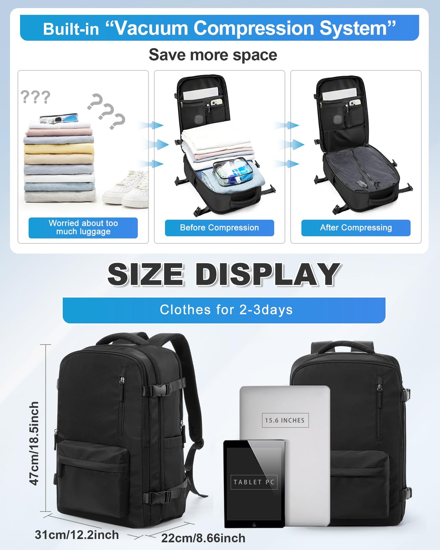VGCUB Vacuum Backpack Travel with Pump Vacpack System Storage Carry on Work Laptop Business Waterproof College Compression Personal Item Daypack Backpacks for Women Men Black