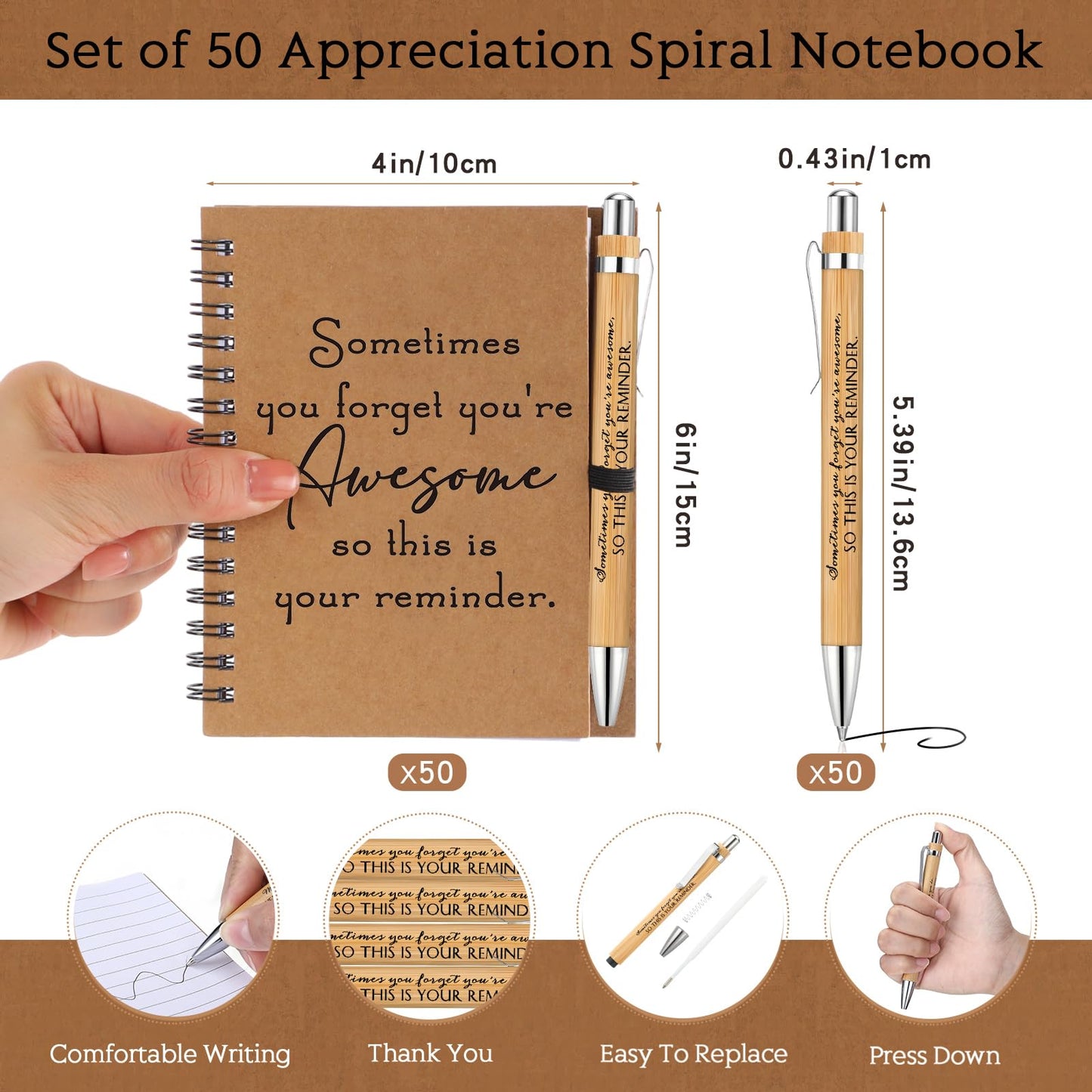Honoson 50 Sets Spiral Notebook and Pen Set Bulk Appreciation Gifts for 2026 Graduation CNA Week Thank You Journal Set for Teacher Employee Coworker Encouragement