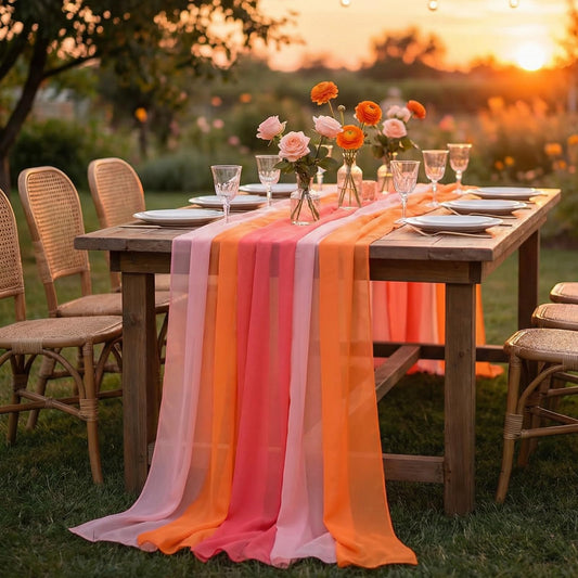 Boao 12 Pcs Red Pink Orange Party Decorations Table Runner Cloth 10Ft Boho Sheer Rustic Fabric Sunset Soiree Party Decorations for Wedding Birthday Baby Bridal Shower Graduation Dawn Sunset Decor