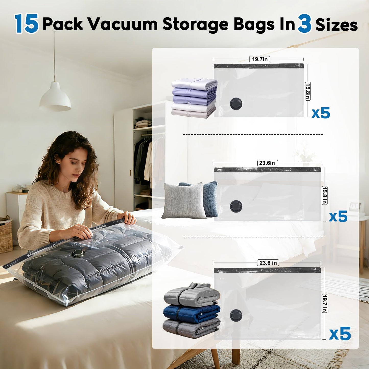 Mapambo Travel Vacuum Bags with -60000Pa LED Electric Pump, 12 Pack Vacuum Seal Bags for Clothing Travel in 3 Combo sizes, 123456