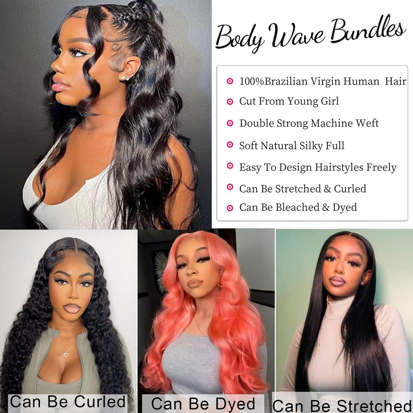 Body Wave Human Hair Bundles Brazilian Virgin Body Wave Bundles 100% Unprocessed Weave Human Hair 3 Bundles Natural Black Color Hair Extensions for Black Women