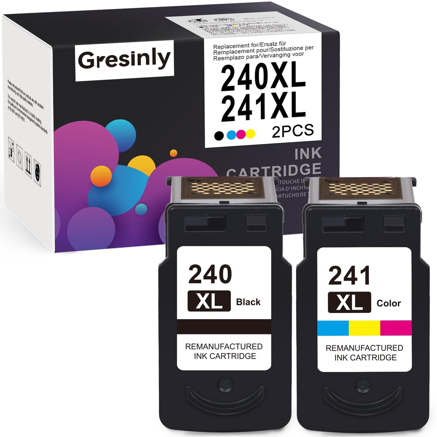 GRESINLY PG-240 XL/CL-241 XL Ink Cartridges Replacement for Canon 240XL 241XL Combo Pack 240 241 for Canon PIXMA MG3620 TS5120 MG3520 MG3600 MG3220 MX472 Printer (1 Black, 1 Tri-Color, 2 Pack)
