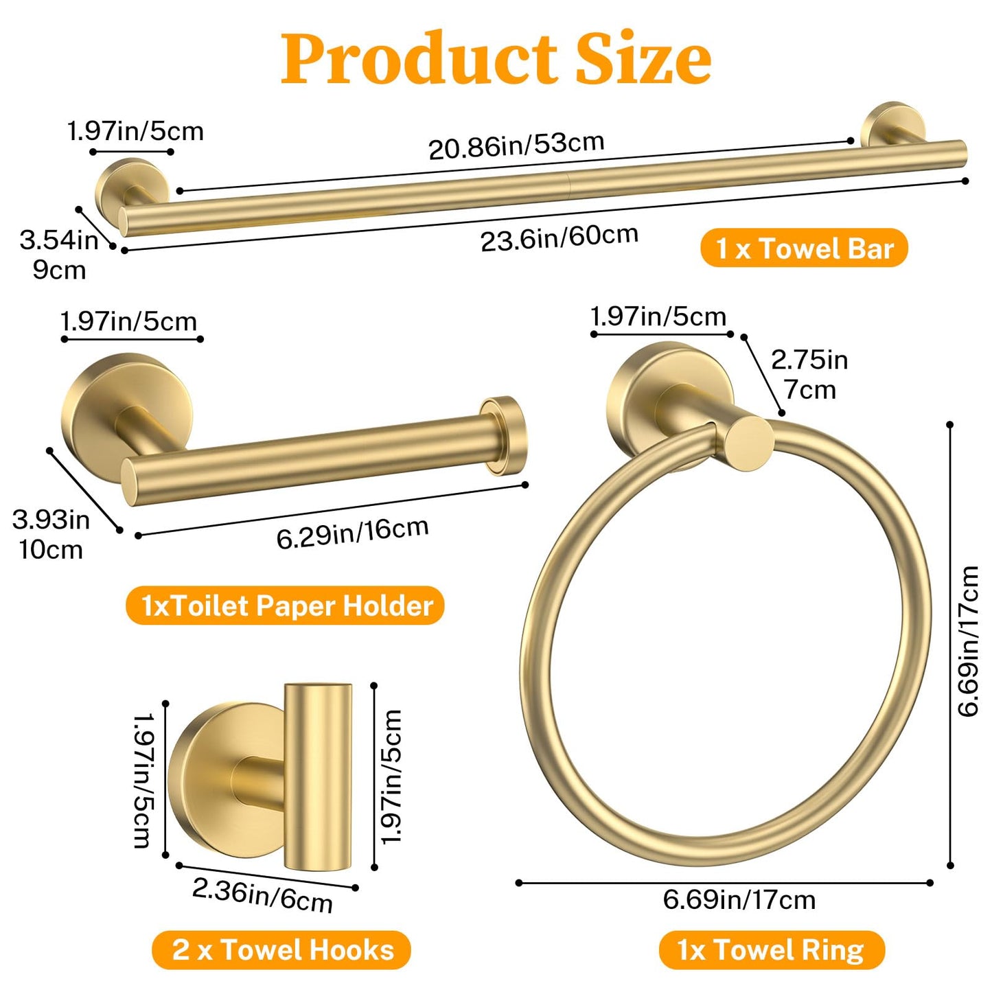 Brushed Gold Towel Bar Set 10 Pieces Round Bathroom Hardware Set Includes 23.6in Towel Bar Towel Ring Toilet Paper Holder Towel Hooks Stainless Steel Wall-Mounted Bathroom Towel Holder Set
