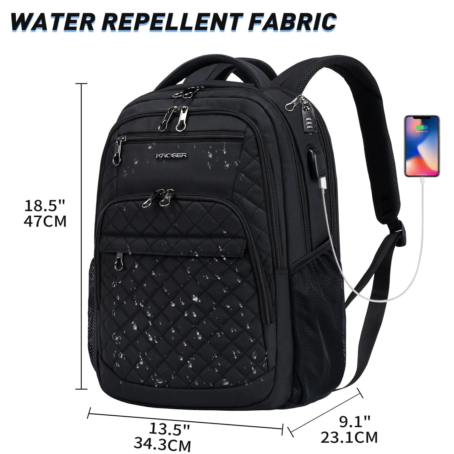 KROSER Travel Laptop Backpack 17 Inch Large Computer Backpack Water-Repellent Daypack with USB Charging Port RFID Pockets for Work/Business/College/Men/Women(Quilted)