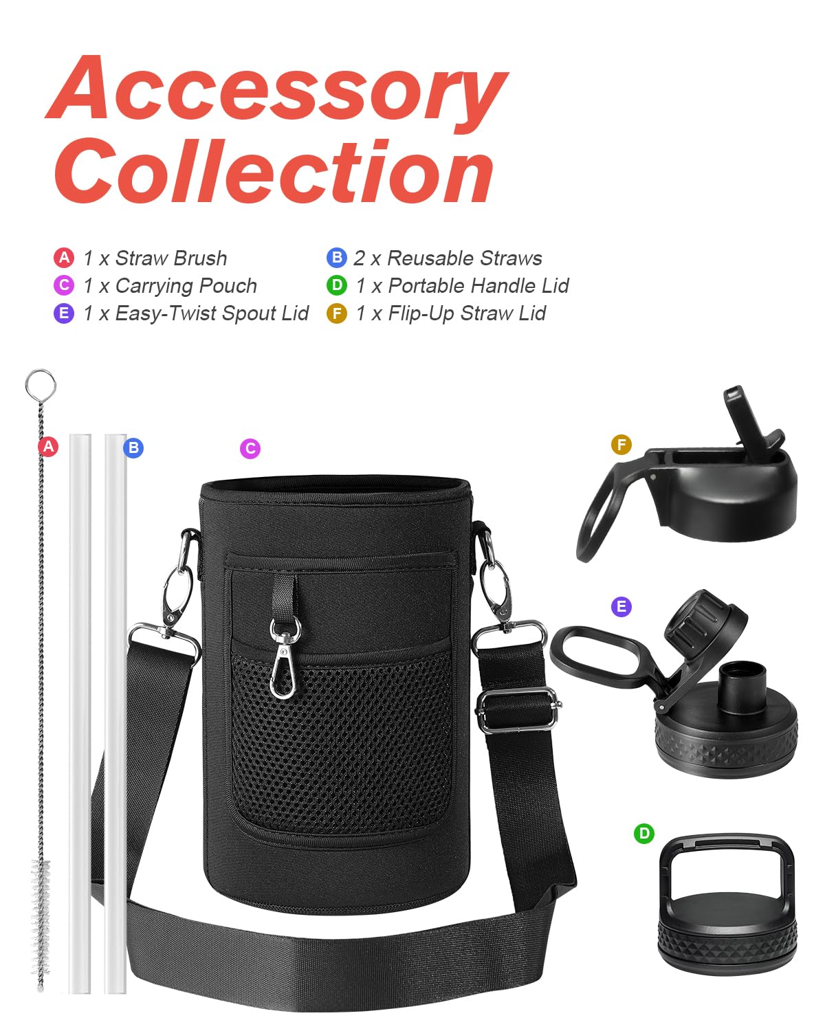 Coolflask Half Gallon Water Bottle Insulated with Straw & 3 Lids, 64 oz Water Jug Large Metal Stainless Steel Wide Mouth for Sports, Gym or Office, Non-BPA Keep Cold 48H Hot 24H, Indigo Blue