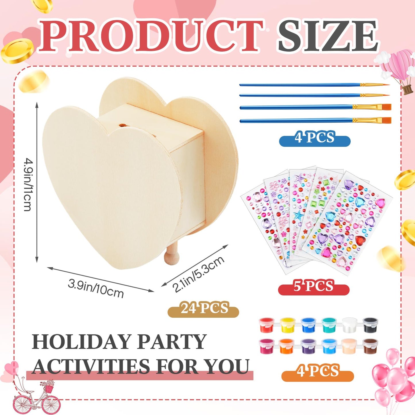 Tioncy 24 Pcs DIY Wooden Piggy Banks Unfinished Heart Shaped Wooden Piggy Coin Banks with 4 Paint Strips 4 Brushes 5 Sheets Gem Stickers Jewels for Crafts Valentine Birthday Activities Gift