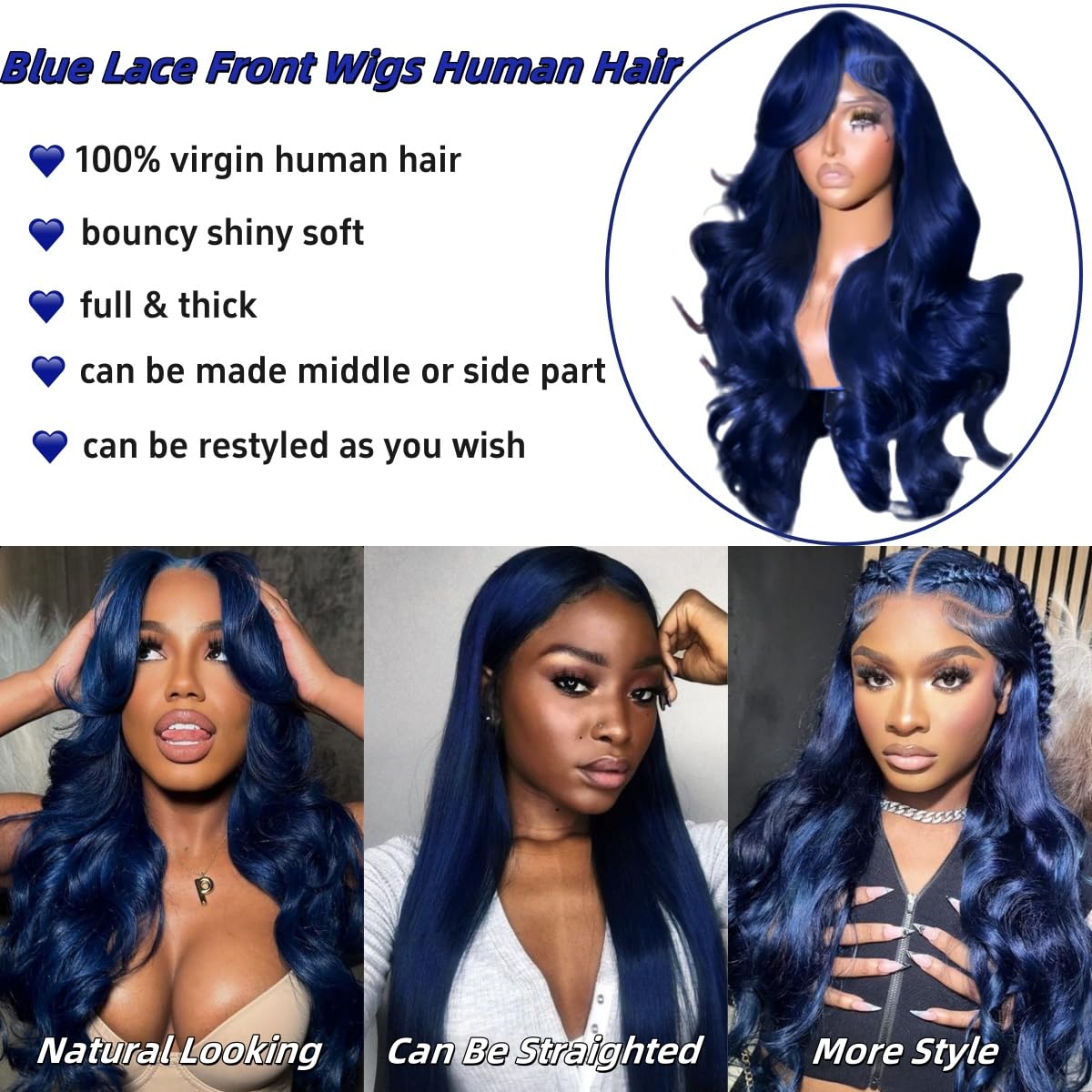 Suresen Dark Blue 13x4 Lace Front Wigs Human Hair Pre Plucked 180% Density 26 Inch Body Wave Hd Lace Front Wig Human Hair Pre Plucked Dark Blue Human Hair Wig with Bleached Knots Natural Hairline