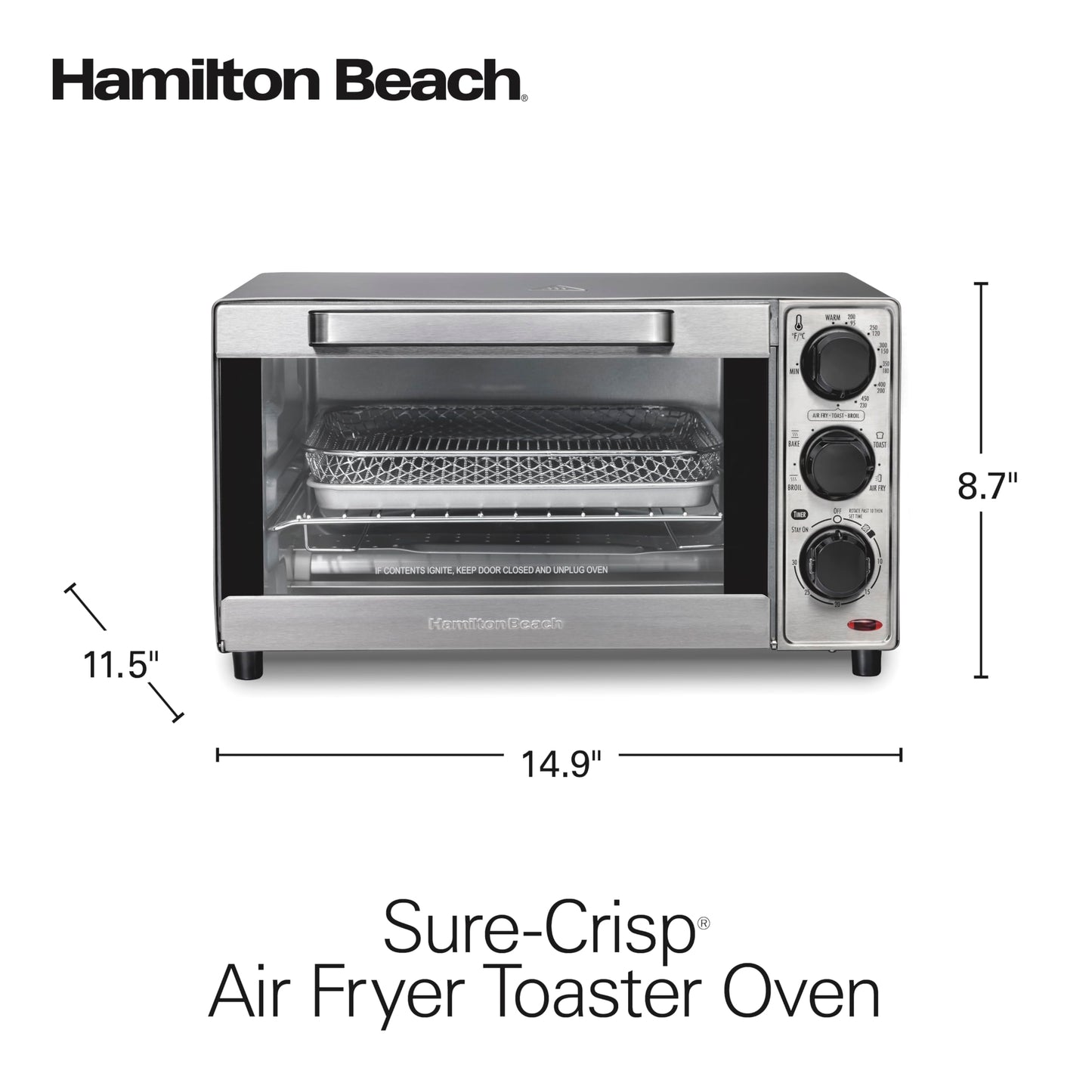 Hamilton Beach Sure-Crisp Air Fryer Toaster Oven Combo, Fits 9” Pizza, 4 Slice Capacity, Powerful Circulation, Auto Shutoff, Stainless Steel (31403)
